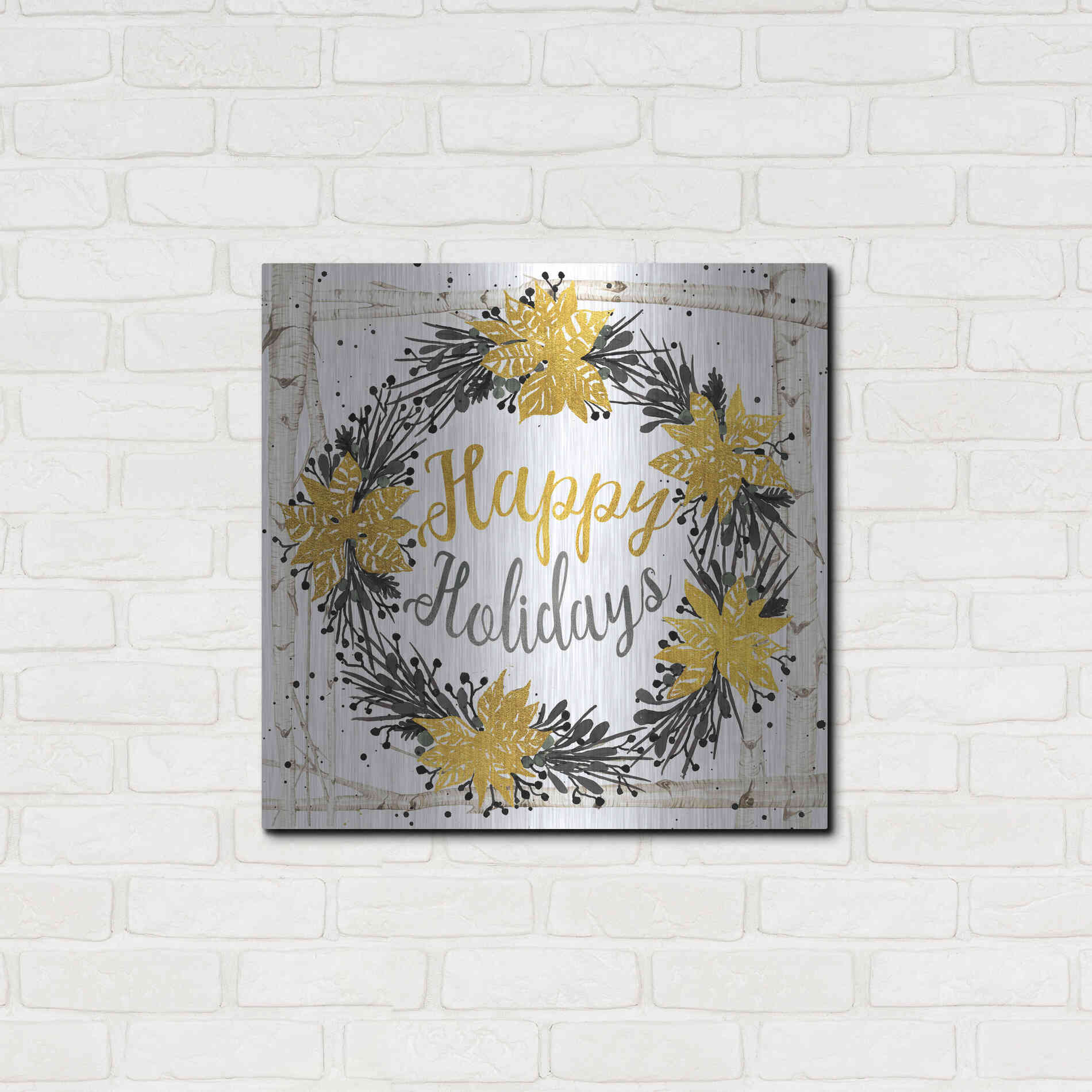 Luxe Metal Art 'Happy Holidays Birch Wreath' by Cindy Jacobs, Metal Wall Art,24x24