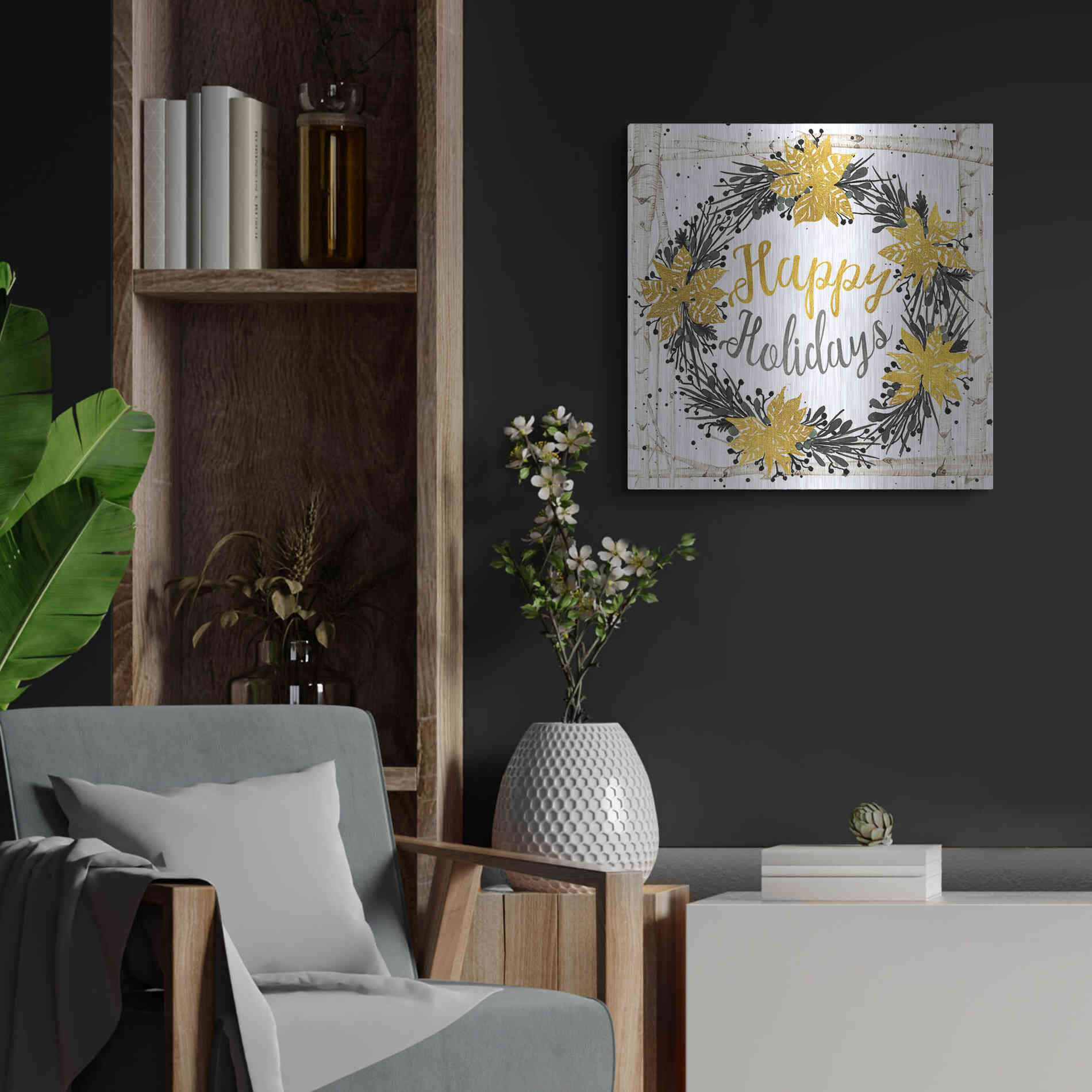 Luxe Metal Art 'Happy Holidays Birch Wreath' by Cindy Jacobs, Metal Wall Art,24x24