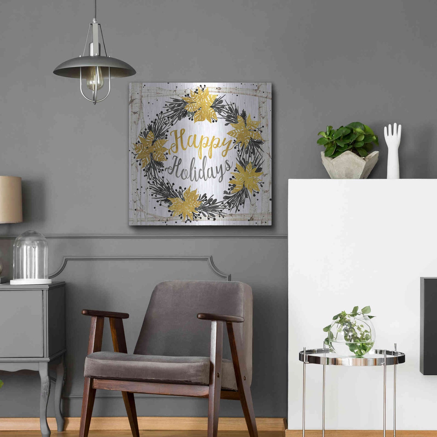 Luxe Metal Art 'Happy Holidays Birch Wreath' by Cindy Jacobs, Metal Wall Art,24x24