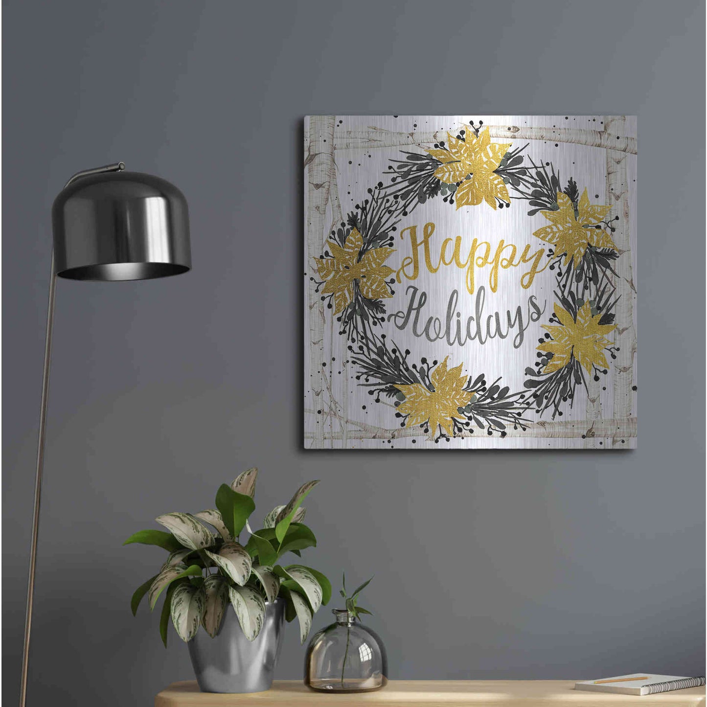 Luxe Metal Art 'Happy Holidays Birch Wreath' by Cindy Jacobs, Metal Wall Art,24x24