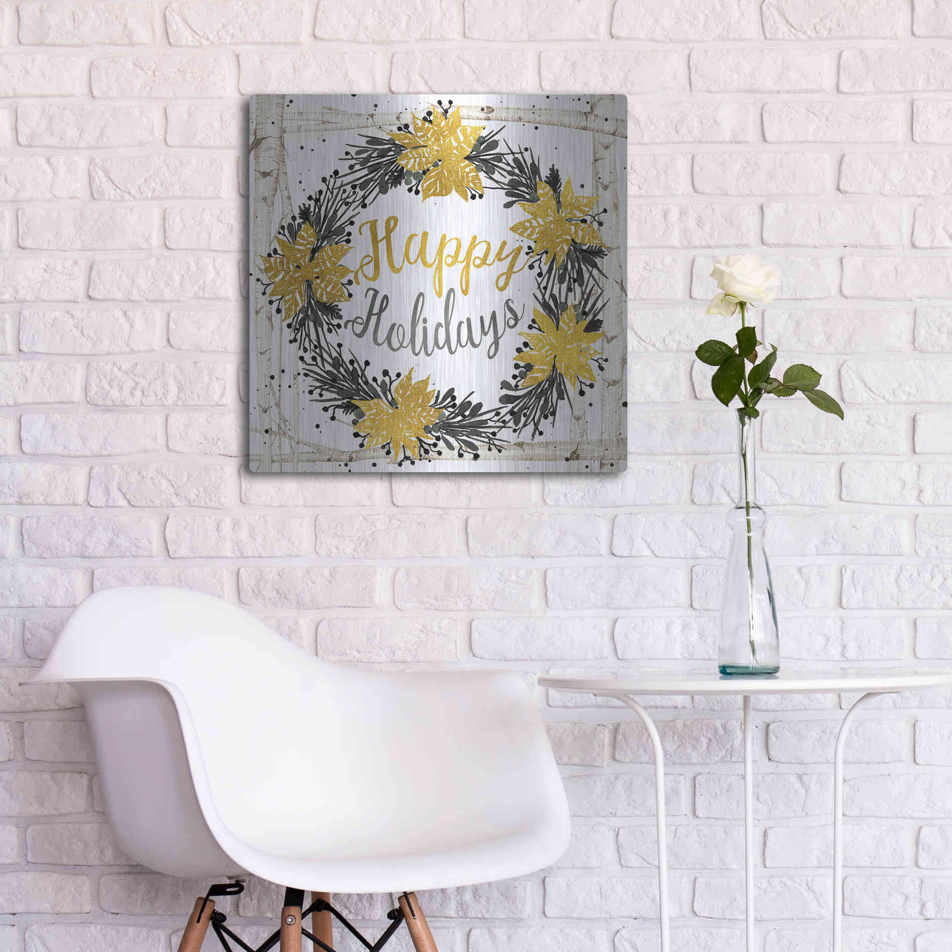 Luxe Metal Art 'Happy Holidays Birch Wreath' by Cindy Jacobs, Metal Wall Art,24x24