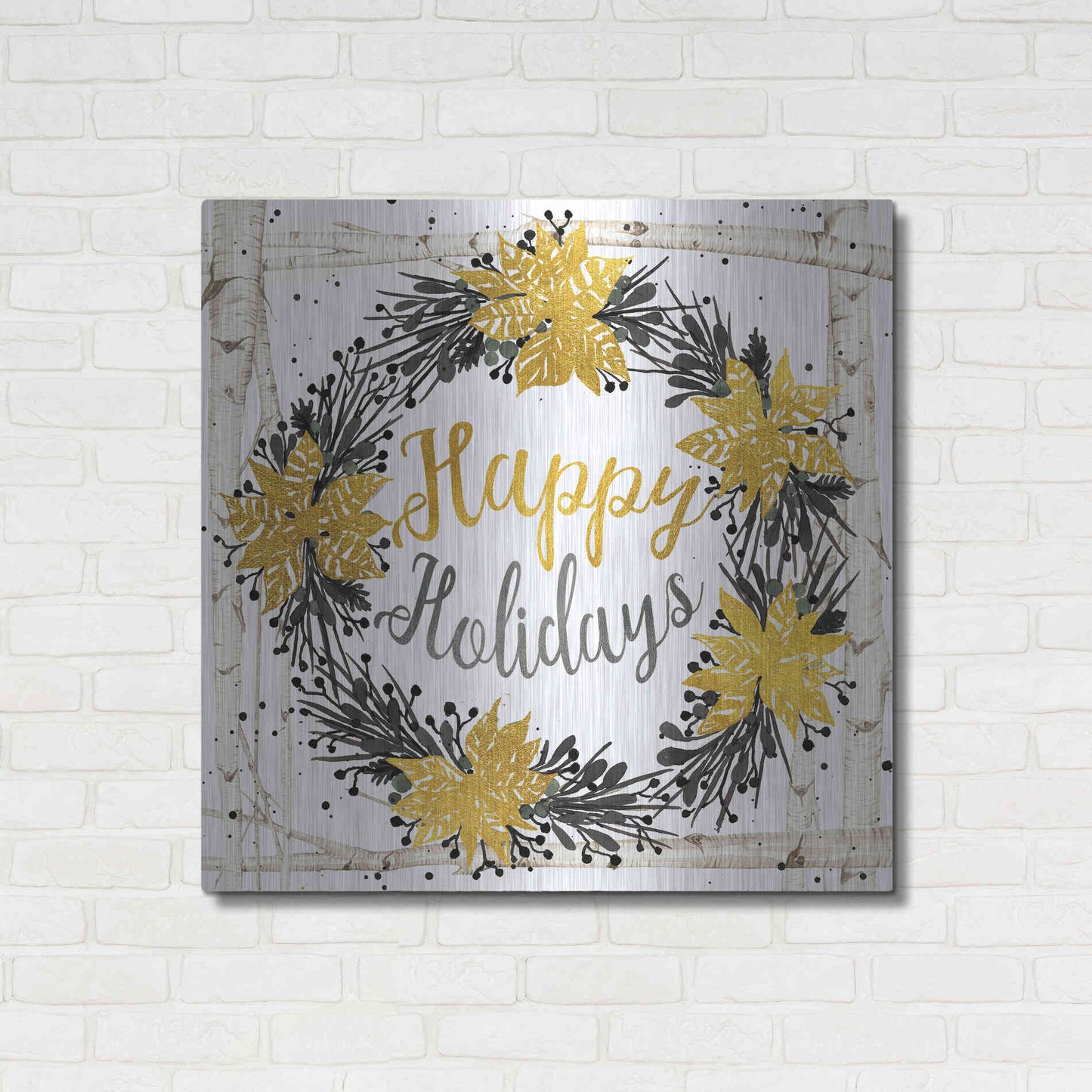 Luxe Metal Art 'Happy Holidays Birch Wreath' by Cindy Jacobs, Metal Wall Art,36x36