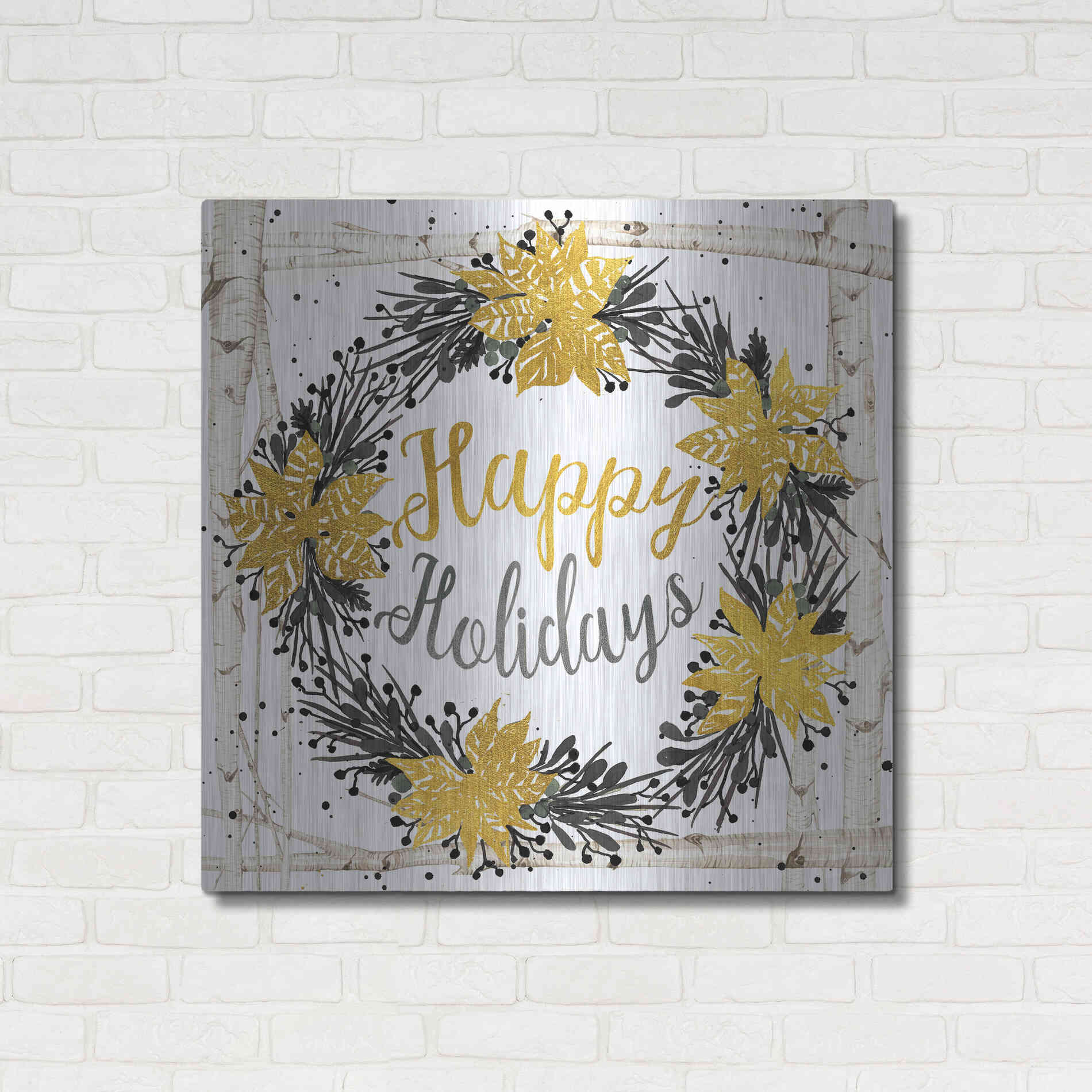 Luxe Metal Art 'Happy Holidays Birch Wreath' by Cindy Jacobs, Metal Wall Art,36x36