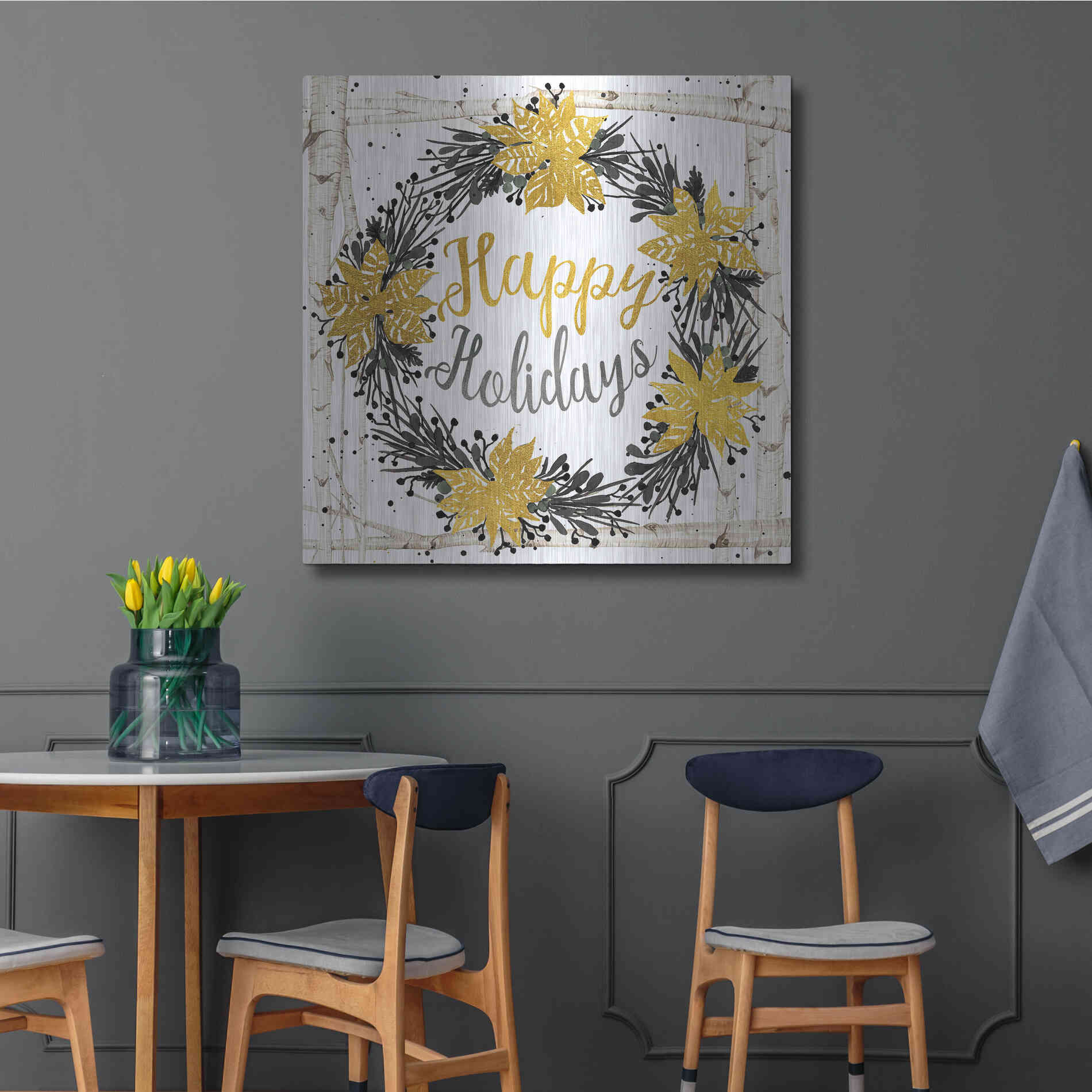 Luxe Metal Art 'Happy Holidays Birch Wreath' by Cindy Jacobs, Metal Wall Art,36x36
