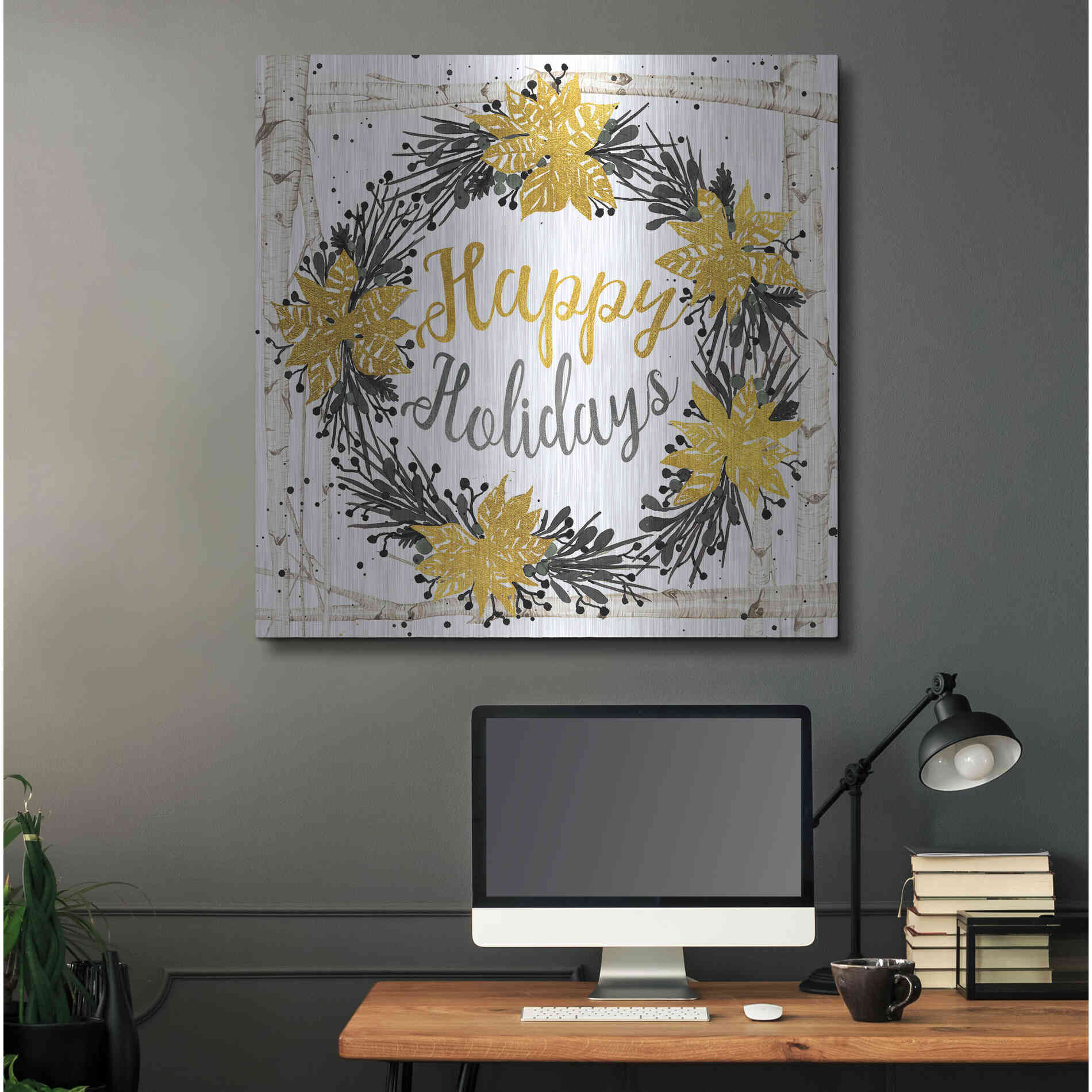Luxe Metal Art 'Happy Holidays Birch Wreath' by Cindy Jacobs, Metal Wall Art,36x36