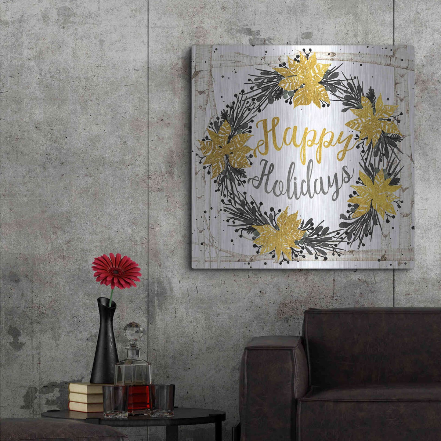 Luxe Metal Art 'Happy Holidays Birch Wreath' by Cindy Jacobs, Metal Wall Art,36x36
