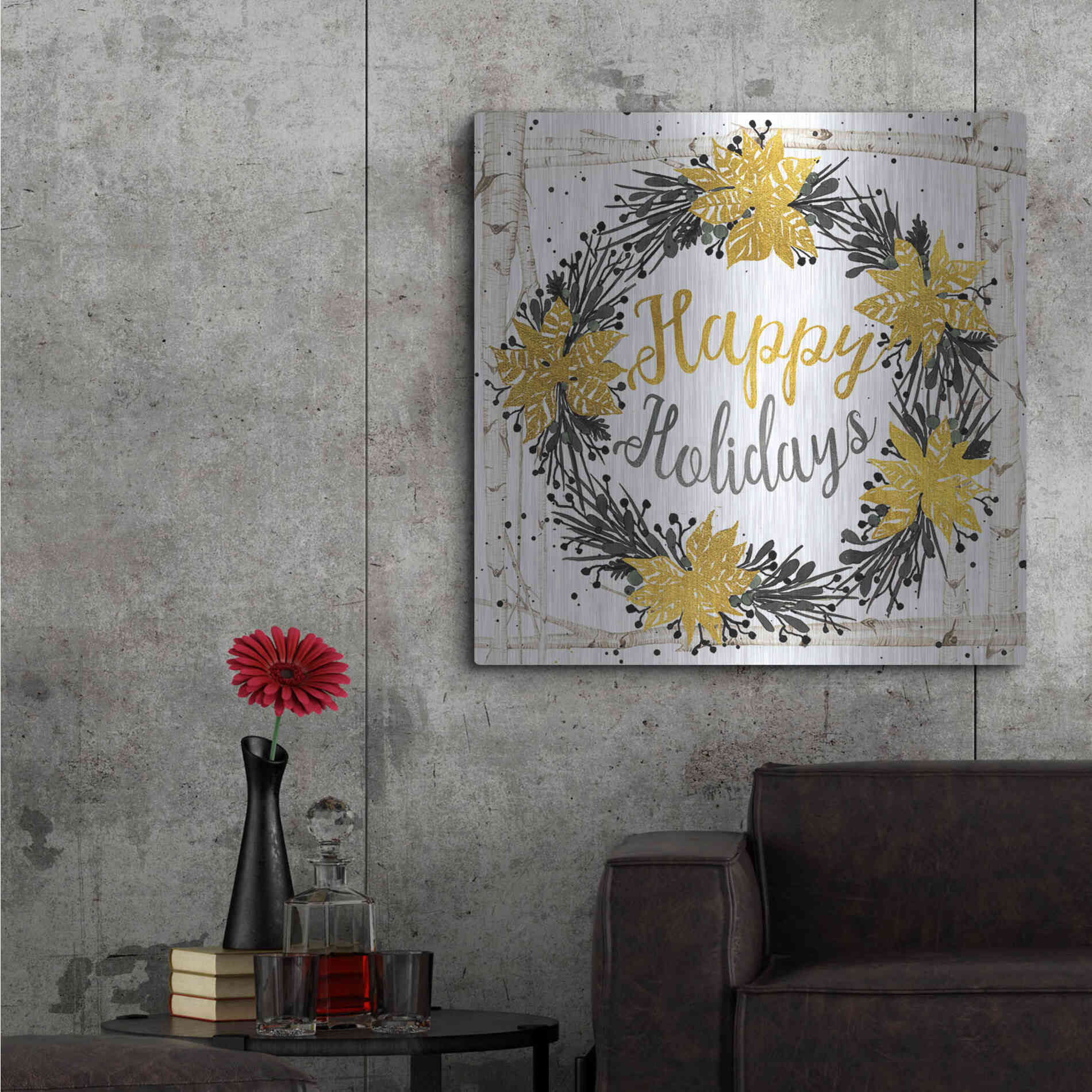 Luxe Metal Art 'Happy Holidays Birch Wreath' by Cindy Jacobs, Metal Wall Art,36x36