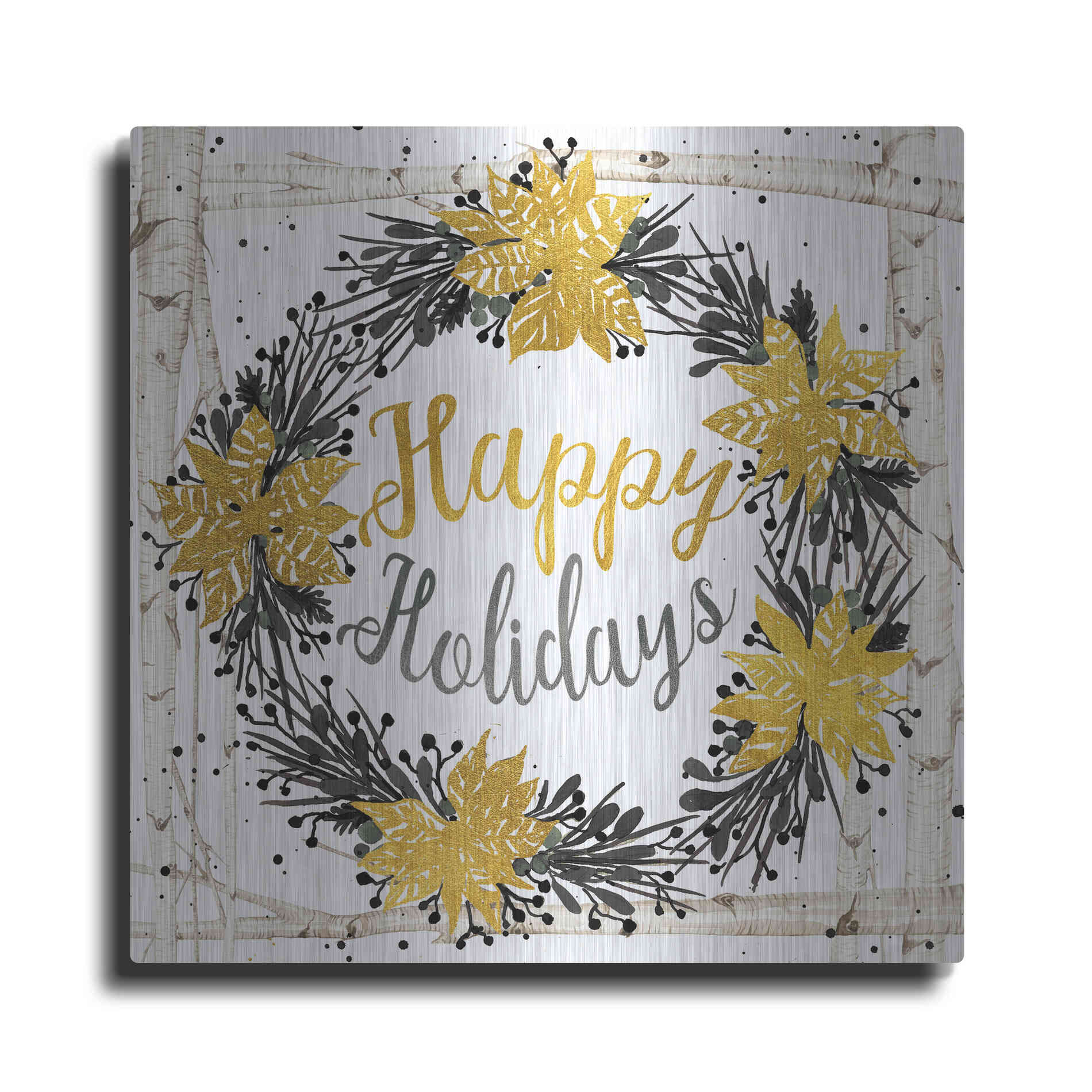 Luxe Metal Art 'Happy Holidays Birch Wreath' by Cindy Jacobs, Metal Wall Art