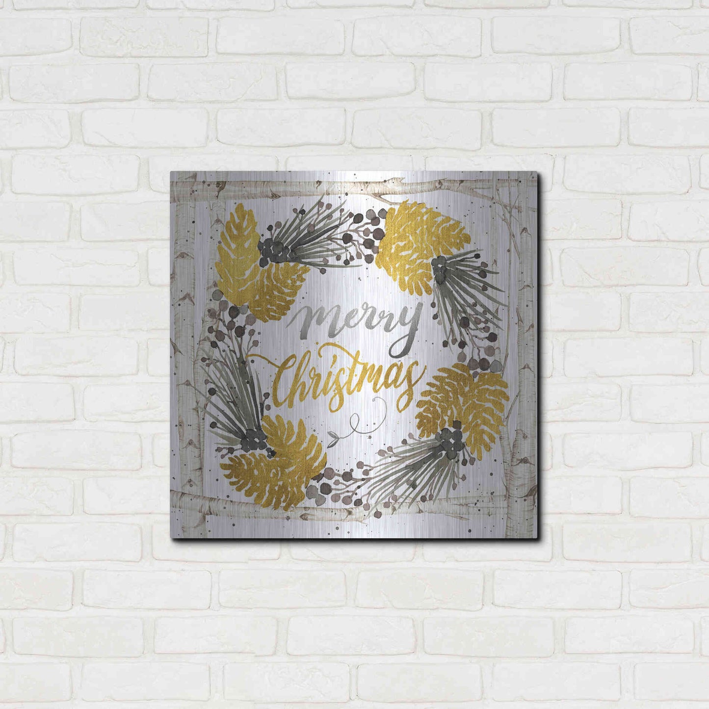 Luxe Metal Art 'Merry Christmas Birch Wreath' by Cindy Jacobs, Metal Wall Art,24x24