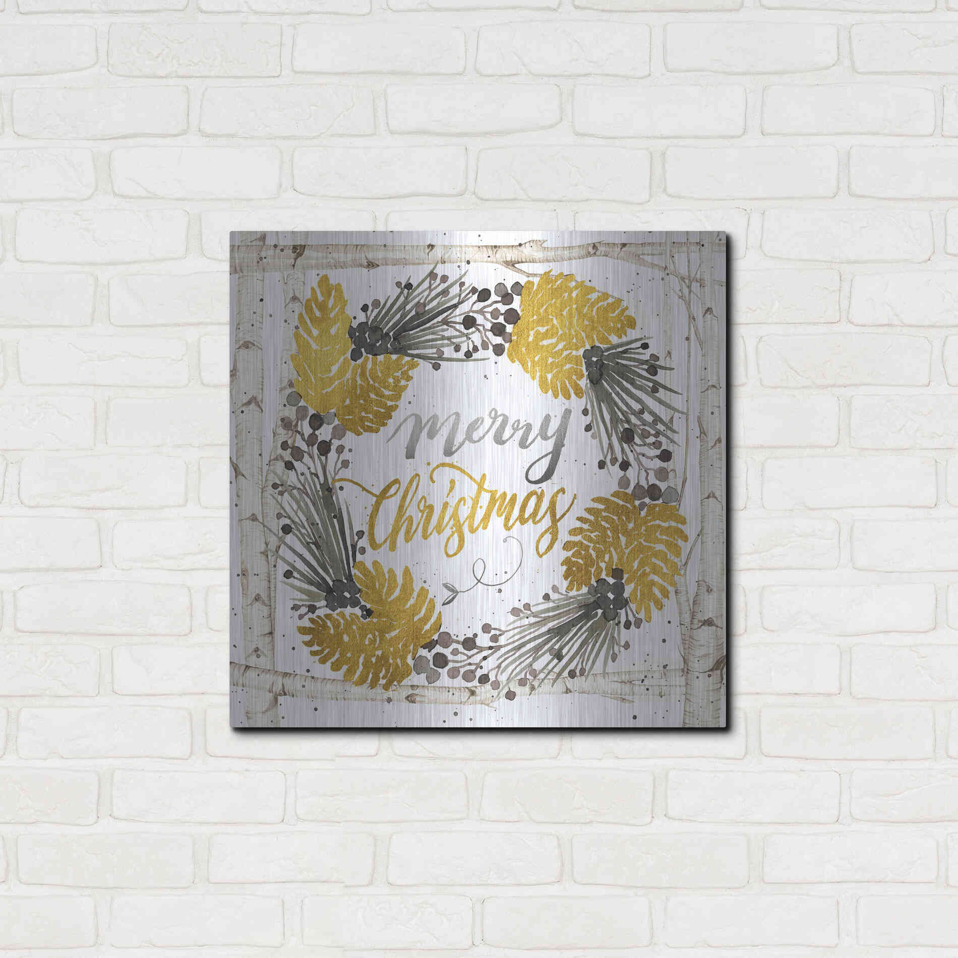 Luxe Metal Art 'Merry Christmas Birch Wreath' by Cindy Jacobs, Metal Wall Art,24x24