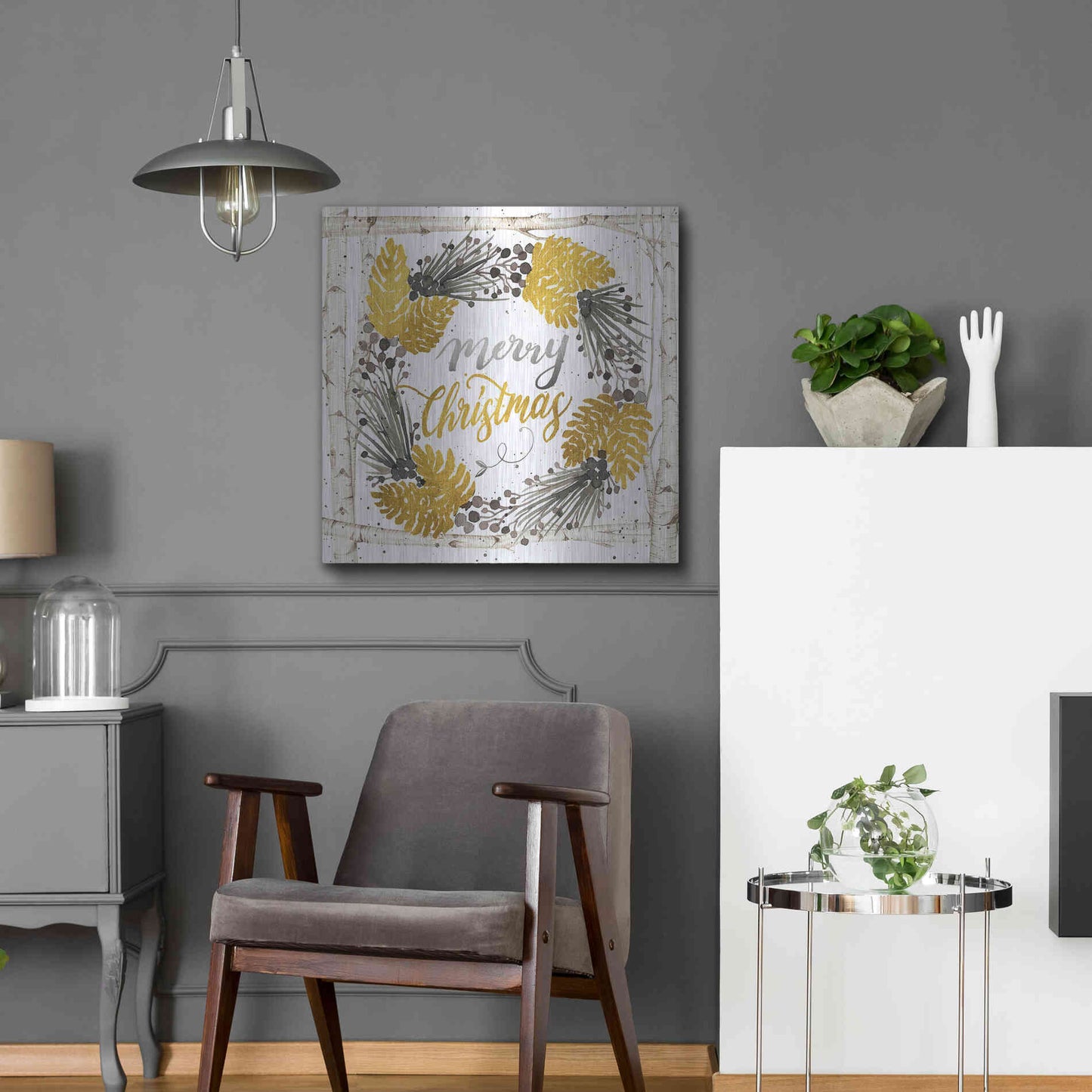 Luxe Metal Art 'Merry Christmas Birch Wreath' by Cindy Jacobs, Metal Wall Art,24x24