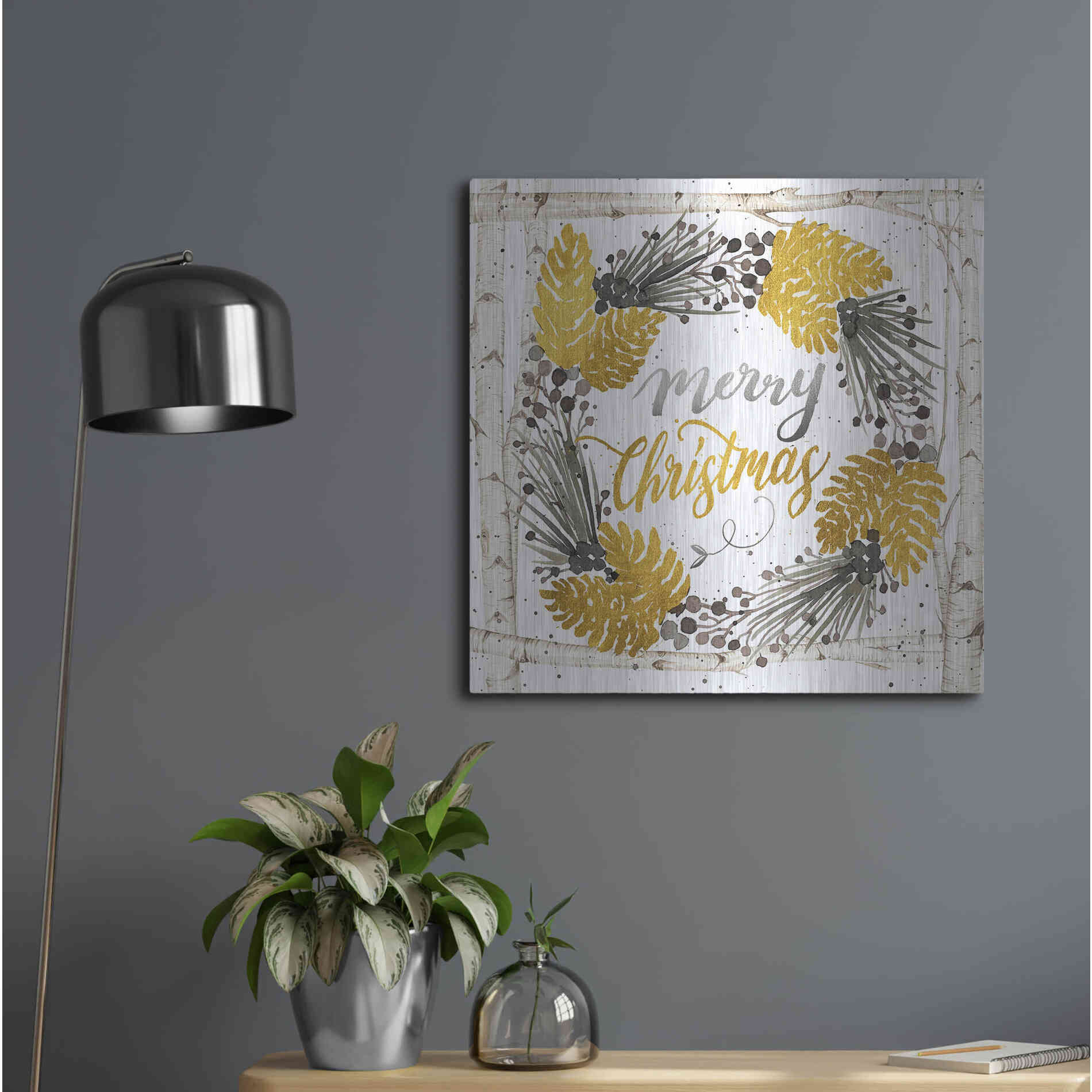 Luxe Metal Art 'Merry Christmas Birch Wreath' by Cindy Jacobs, Metal Wall Art,24x24