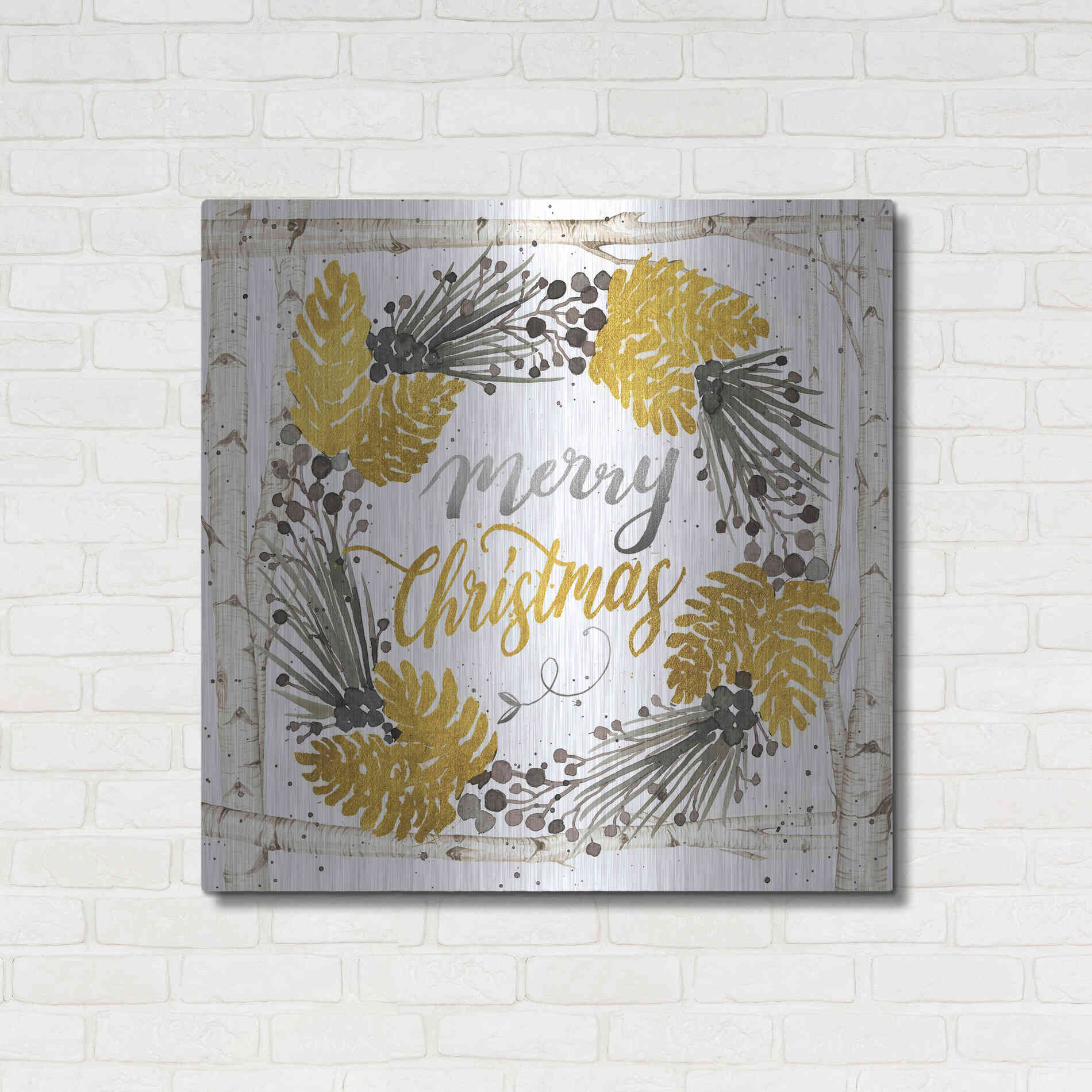 Luxe Metal Art 'Merry Christmas Birch Wreath' by Cindy Jacobs, Metal Wall Art,36x36