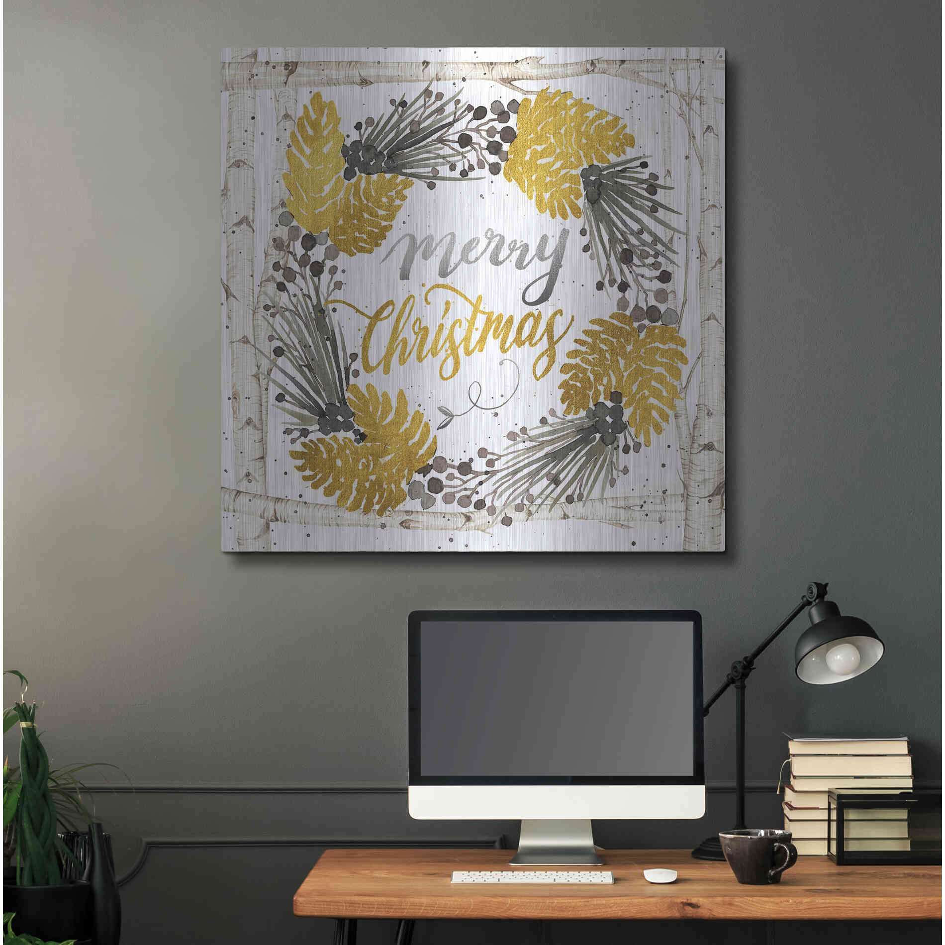 Luxe Metal Art 'Merry Christmas Birch Wreath' by Cindy Jacobs, Metal Wall Art,36x36