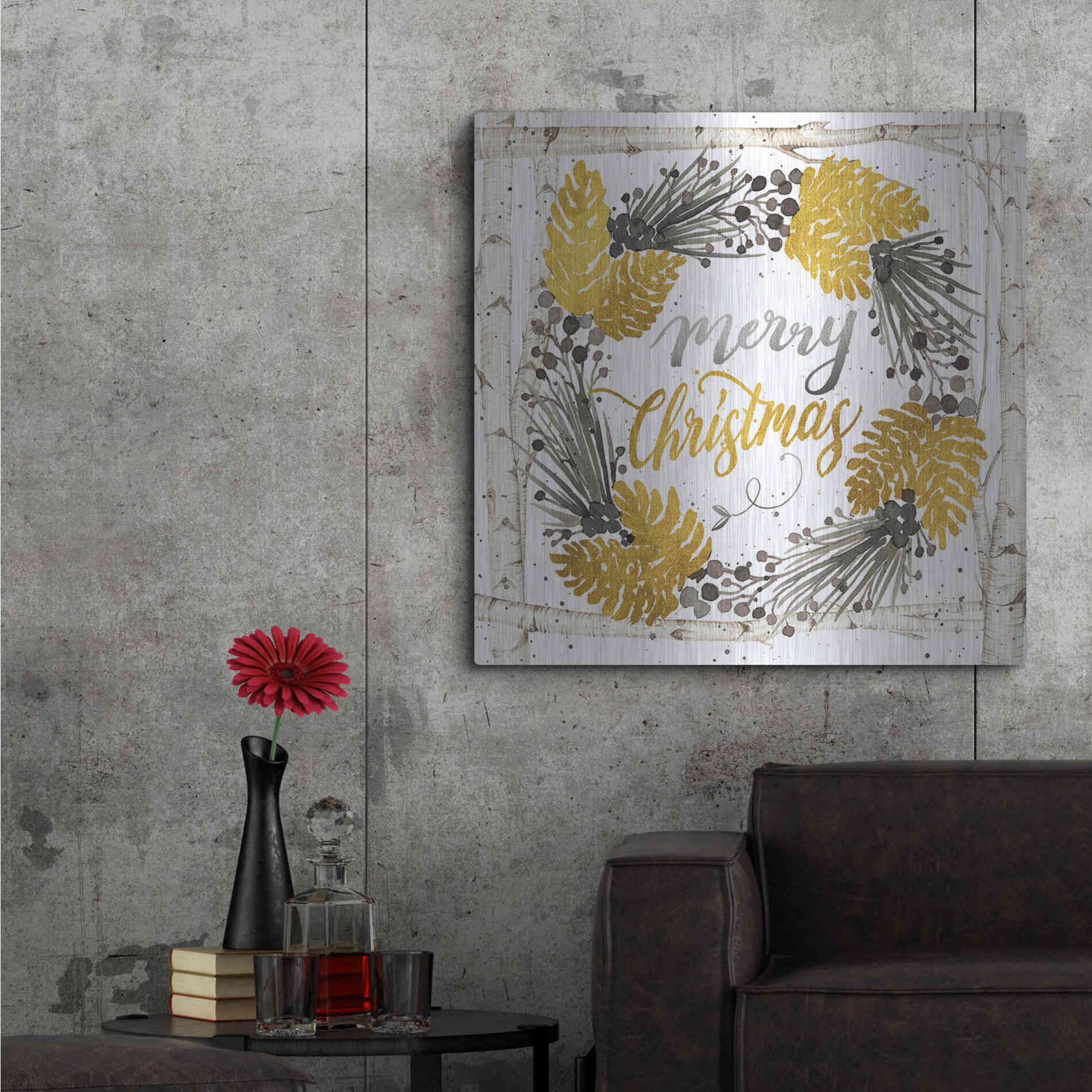 Luxe Metal Art 'Merry Christmas Birch Wreath' by Cindy Jacobs, Metal Wall Art,36x36