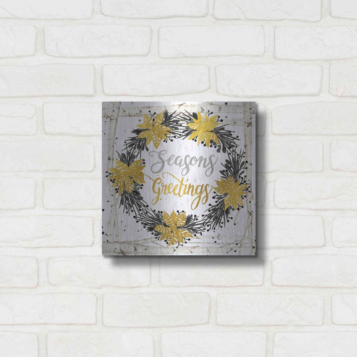 Luxe Metal Art 'Seasons Greetings Birch Wreath' by Cindy Jacobs, Metal Wall Art,12x12