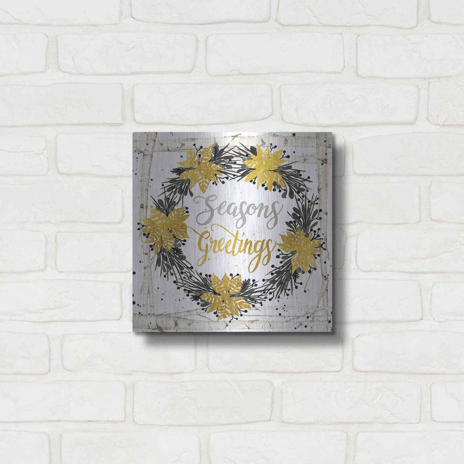 Luxe Metal Art 'Seasons Greetings Birch Wreath' by Cindy Jacobs, Metal Wall Art,12x12