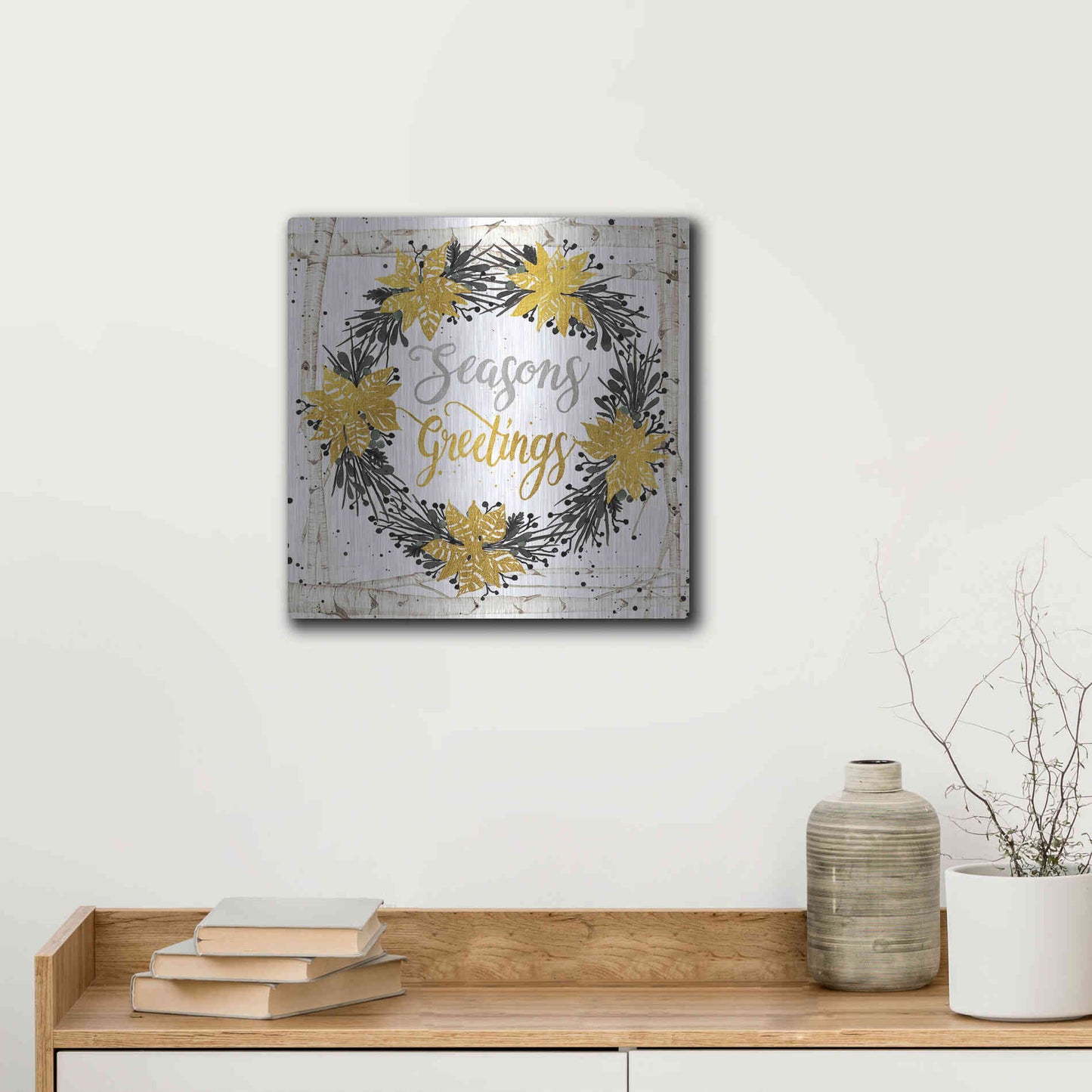 Luxe Metal Art 'Seasons Greetings Birch Wreath' by Cindy Jacobs, Metal Wall Art,12x12