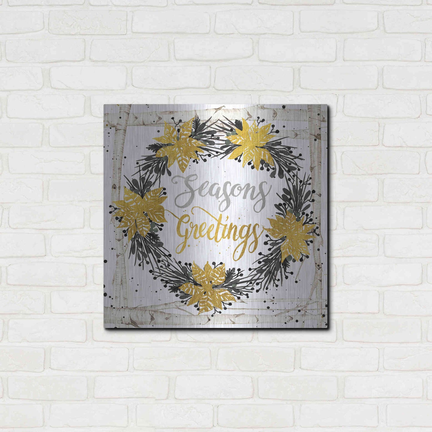 Luxe Metal Art 'Seasons Greetings Birch Wreath' by Cindy Jacobs, Metal Wall Art,24x24