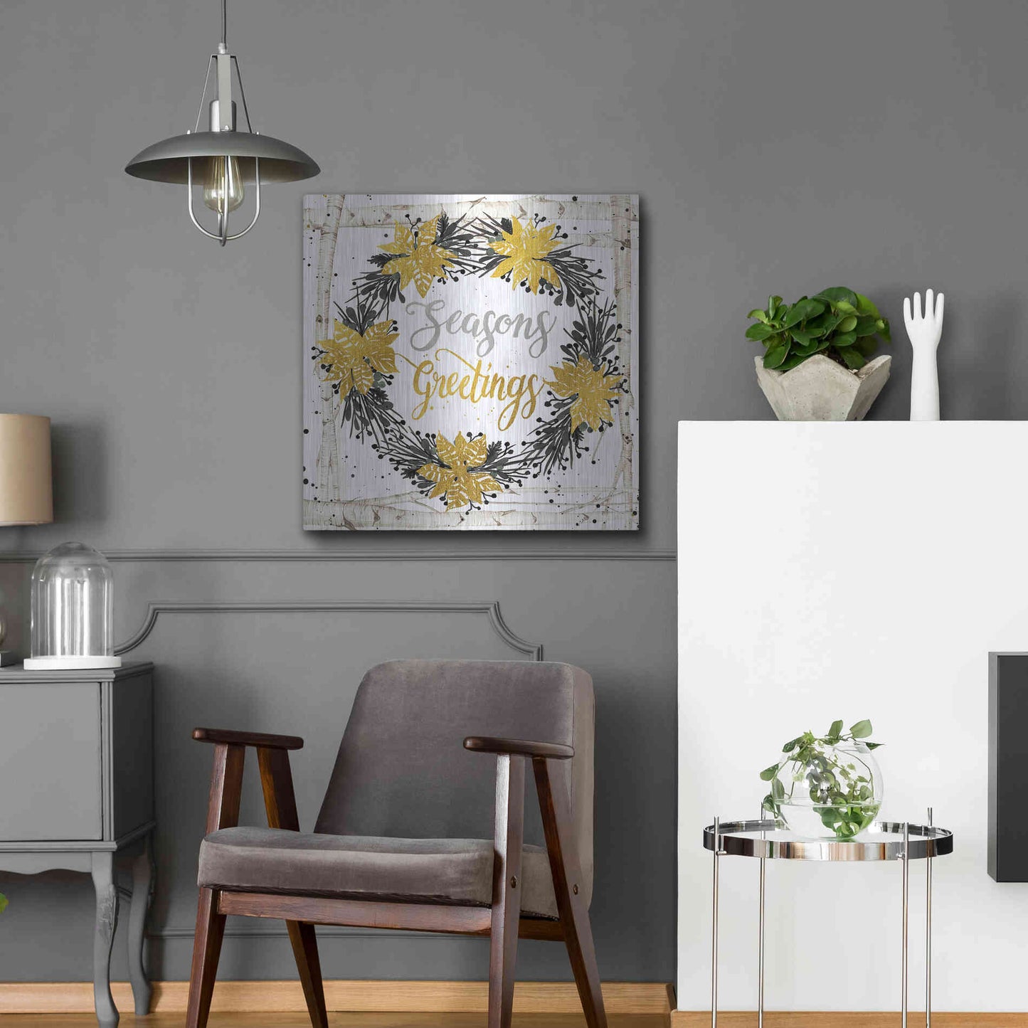 Luxe Metal Art 'Seasons Greetings Birch Wreath' by Cindy Jacobs, Metal Wall Art,24x24