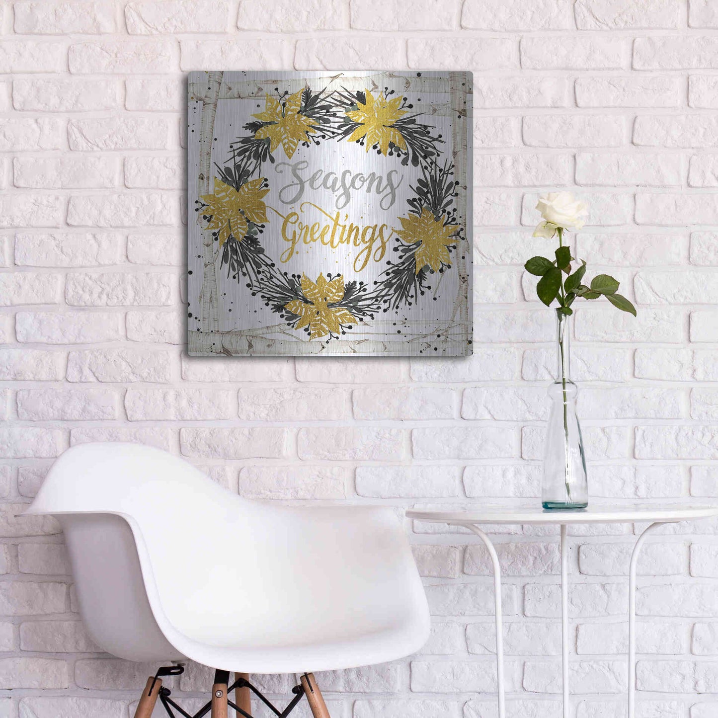 Luxe Metal Art 'Seasons Greetings Birch Wreath' by Cindy Jacobs, Metal Wall Art,24x24