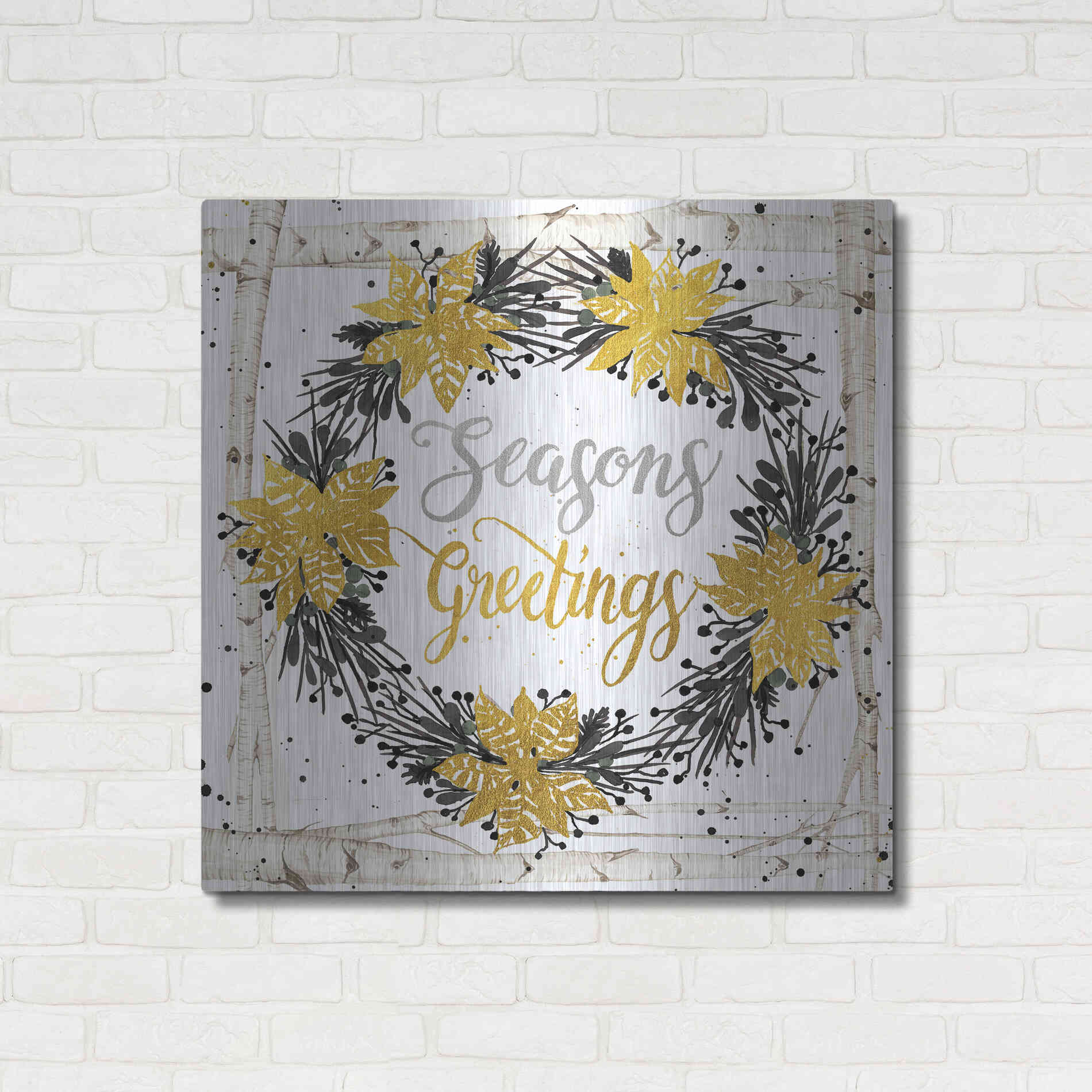 Luxe Metal Art 'Seasons Greetings Birch Wreath' by Cindy Jacobs, Metal Wall Art,36x36