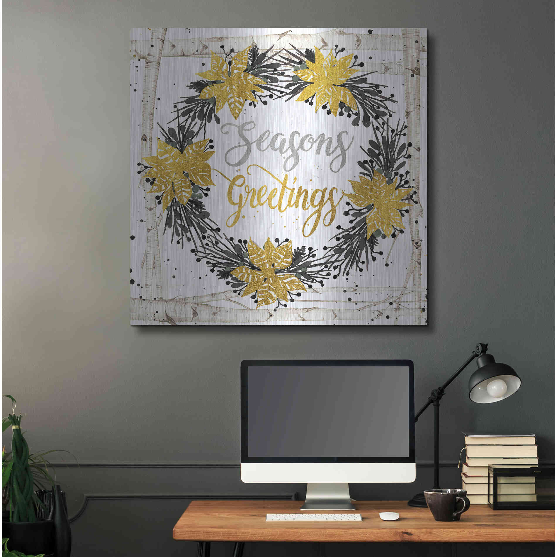 Luxe Metal Art 'Seasons Greetings Birch Wreath' by Cindy Jacobs, Metal Wall Art,36x36