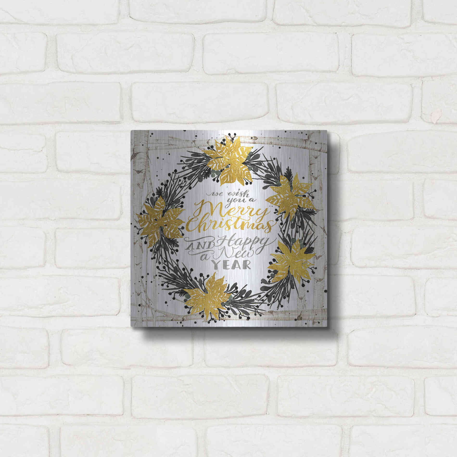 Luxe Metal Art 'We Wish You a Merry Christmas Birch Wreath' by Cindy Jacobs, Metal Wall Art,12x12