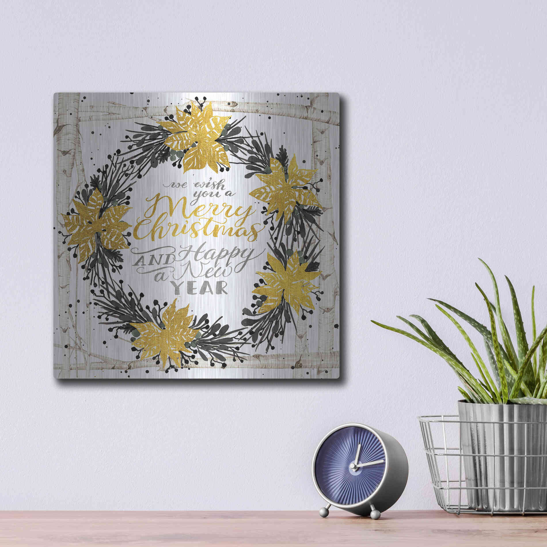 Luxe Metal Art 'We Wish You a Merry Christmas Birch Wreath' by Cindy Jacobs, Metal Wall Art,12x12