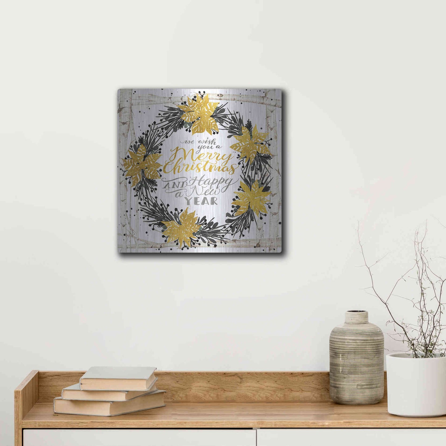 Luxe Metal Art 'We Wish You a Merry Christmas Birch Wreath' by Cindy Jacobs, Metal Wall Art,12x12