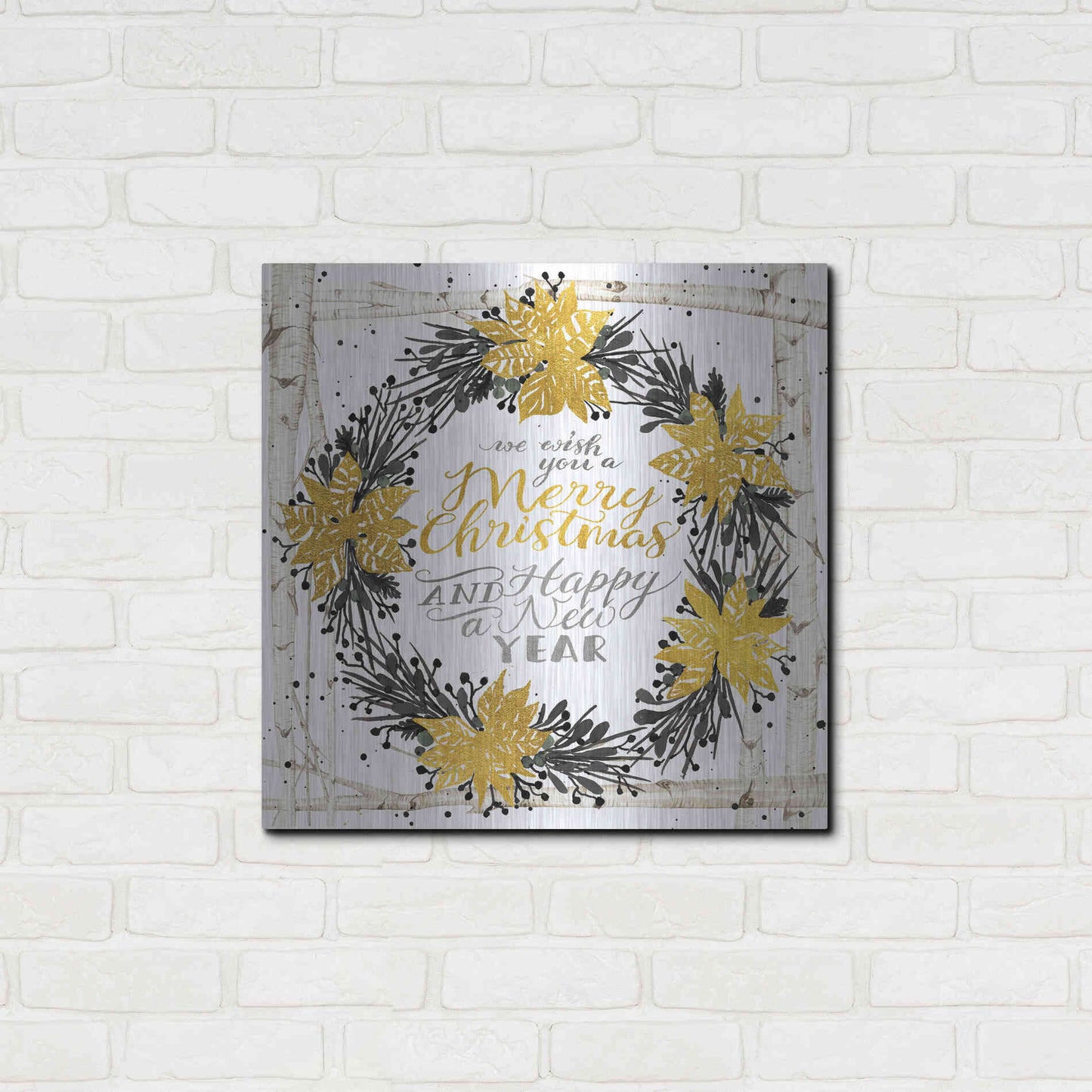 Luxe Metal Art 'We Wish You a Merry Christmas Birch Wreath' by Cindy Jacobs, Metal Wall Art,24x24