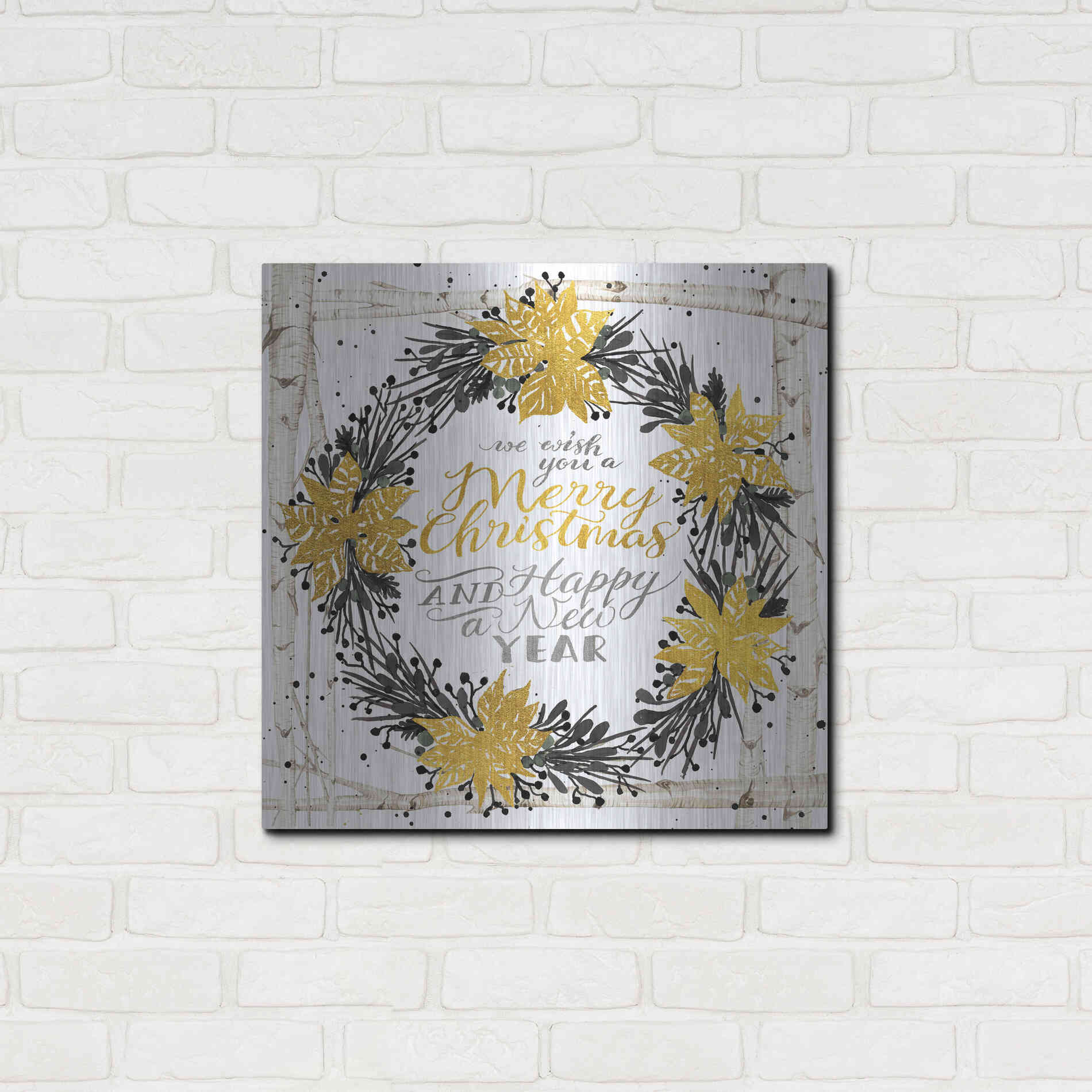 Luxe Metal Art 'We Wish You a Merry Christmas Birch Wreath' by Cindy Jacobs, Metal Wall Art,24x24