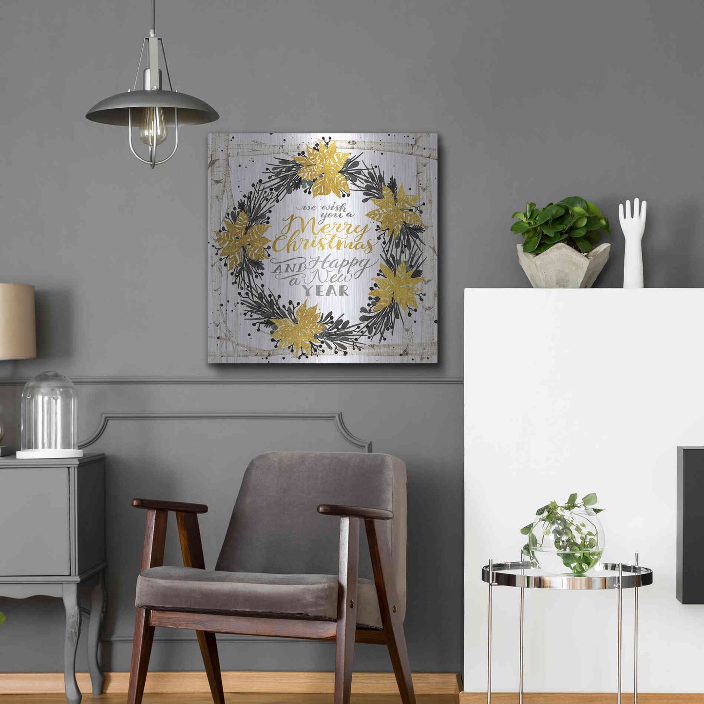 Luxe Metal Art 'We Wish You a Merry Christmas Birch Wreath' by Cindy Jacobs, Metal Wall Art,24x24