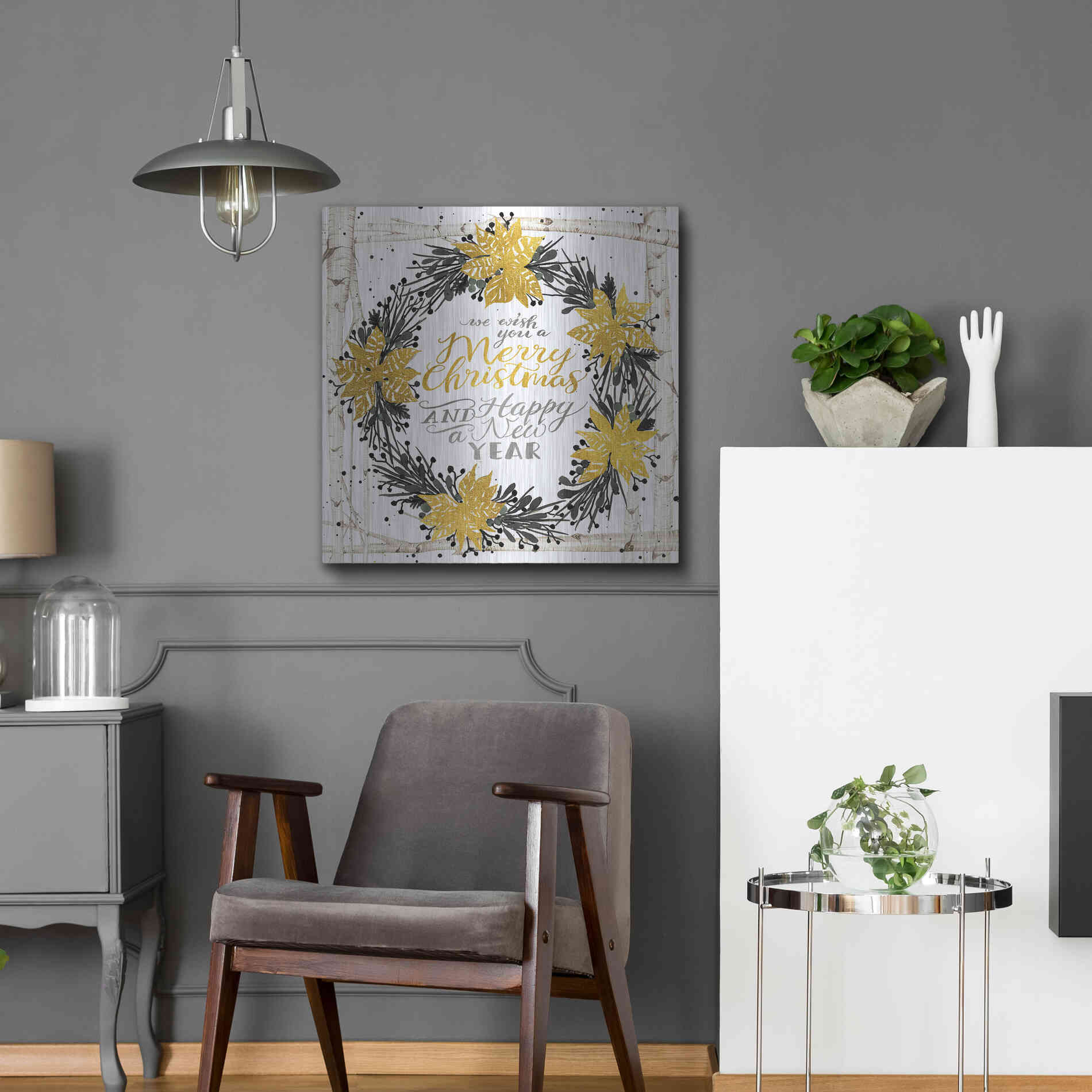 Luxe Metal Art 'We Wish You a Merry Christmas Birch Wreath' by Cindy Jacobs, Metal Wall Art,24x24