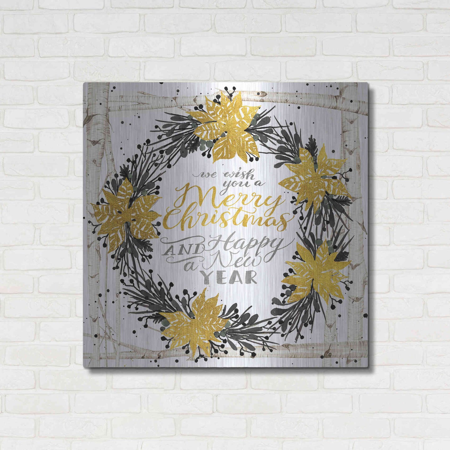 Luxe Metal Art 'We Wish You a Merry Christmas Birch Wreath' by Cindy Jacobs, Metal Wall Art,36x36