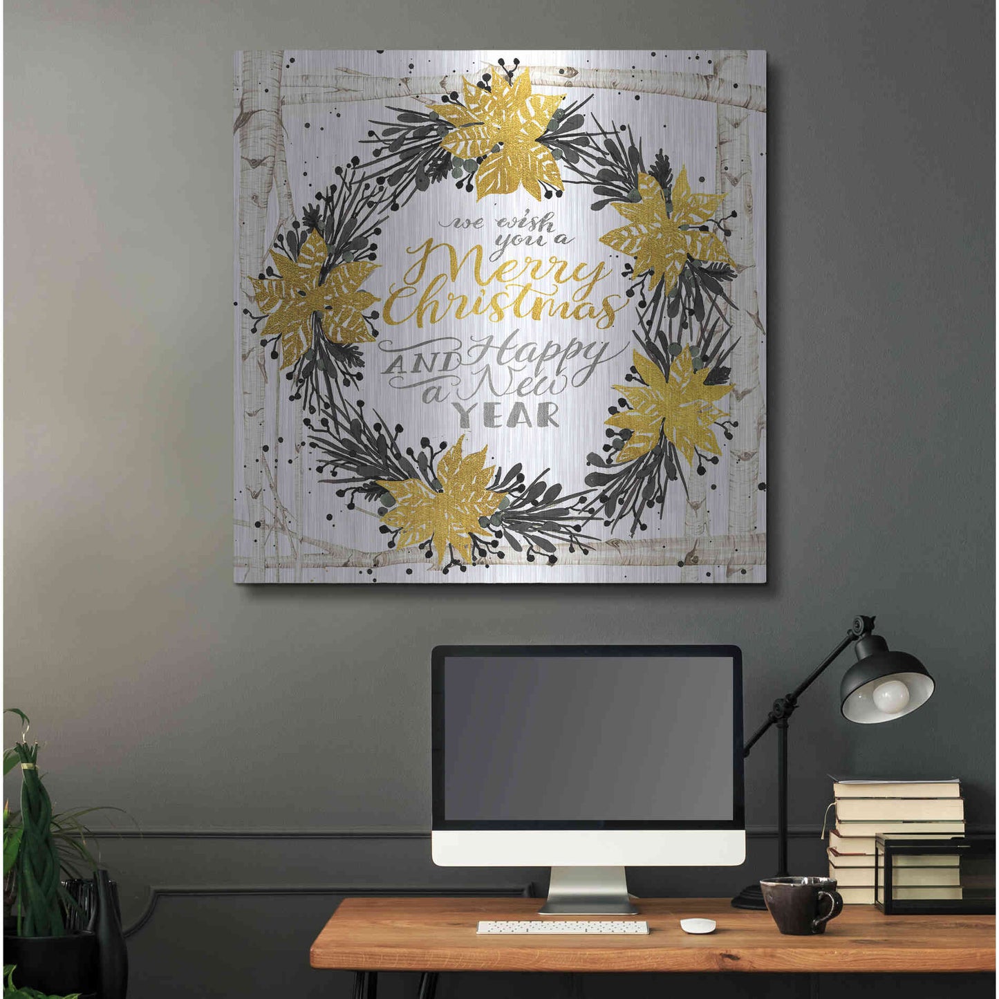 Luxe Metal Art 'We Wish You a Merry Christmas Birch Wreath' by Cindy Jacobs, Metal Wall Art,36x36