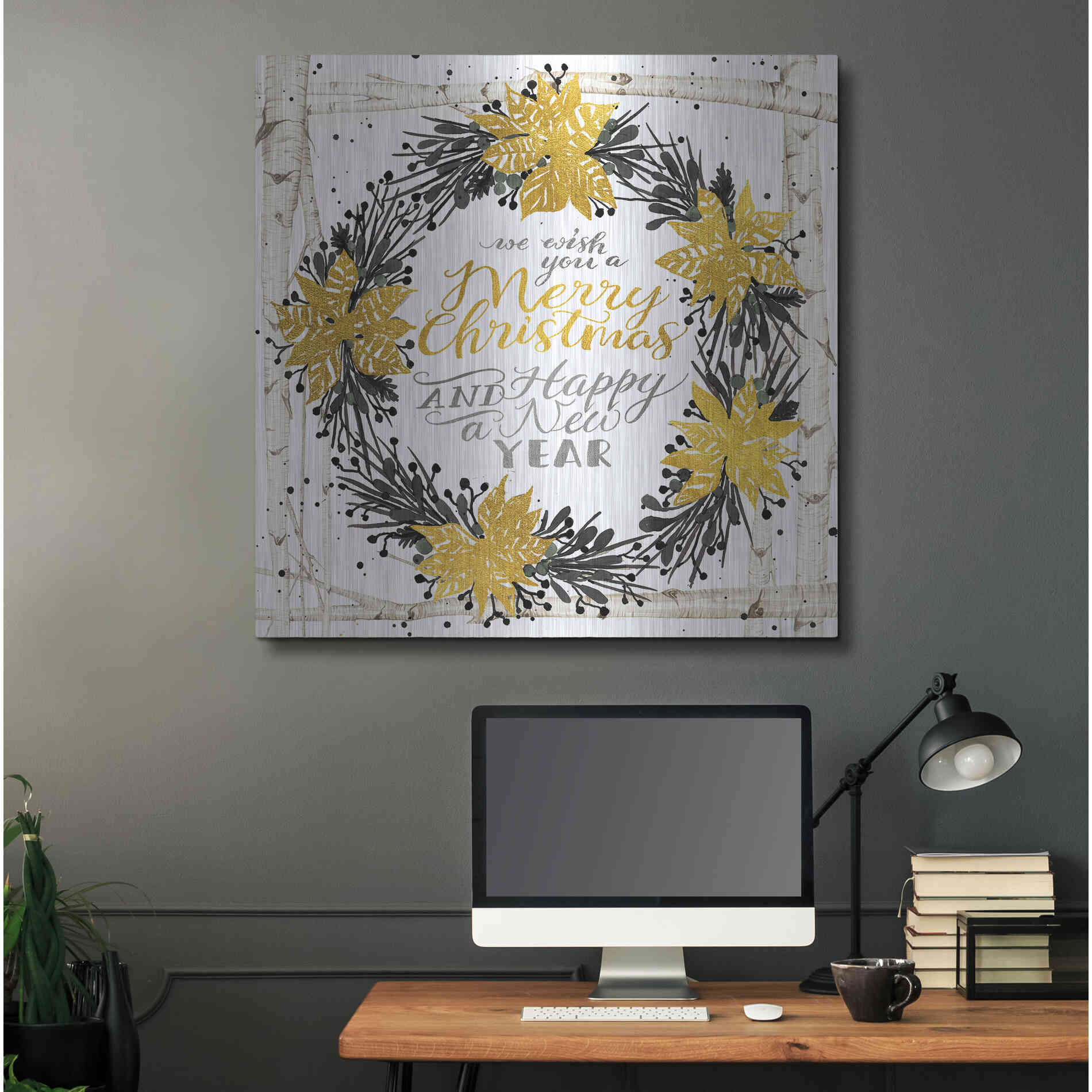 Luxe Metal Art 'We Wish You a Merry Christmas Birch Wreath' by Cindy Jacobs, Metal Wall Art,36x36