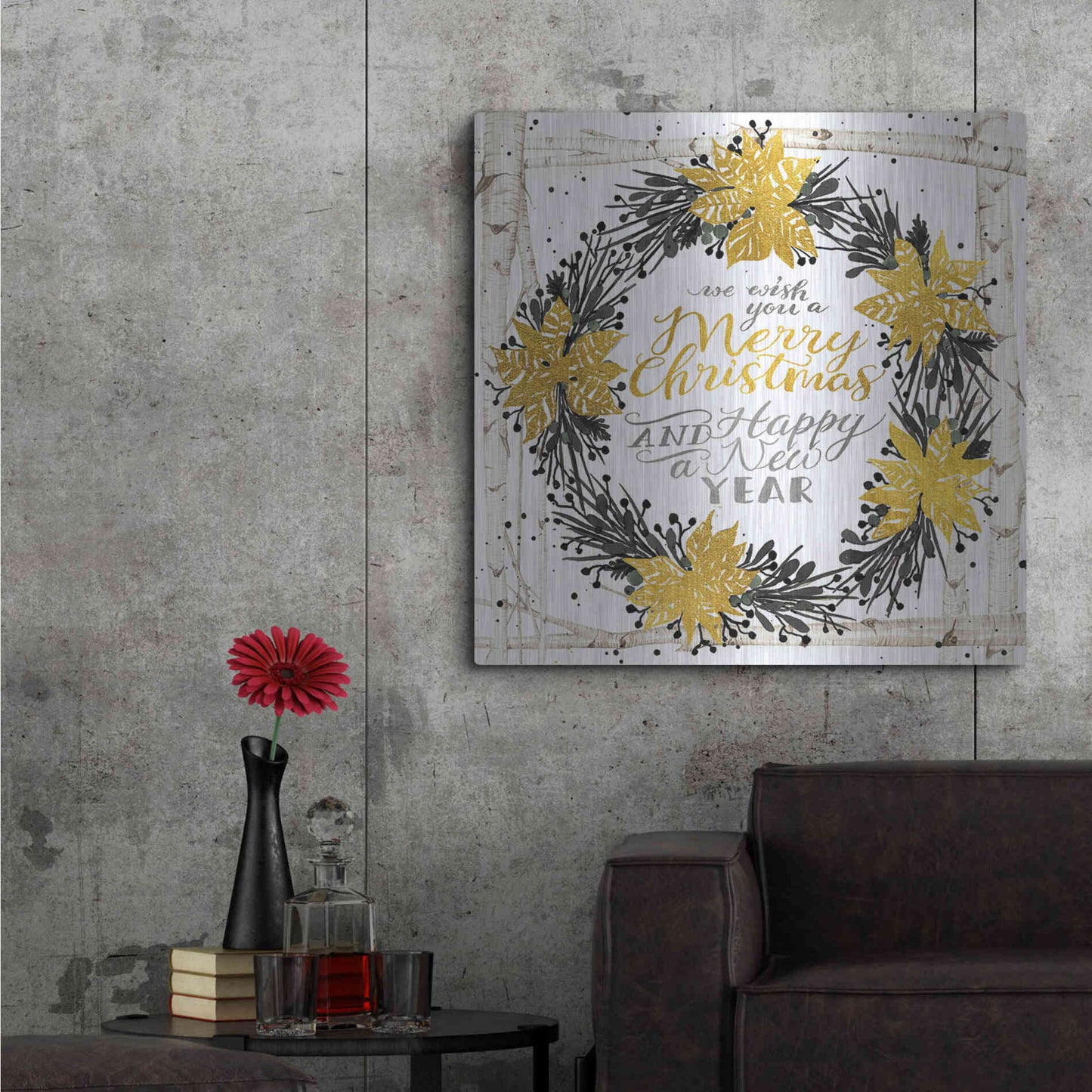 Luxe Metal Art 'We Wish You a Merry Christmas Birch Wreath' by Cindy Jacobs, Metal Wall Art,36x36