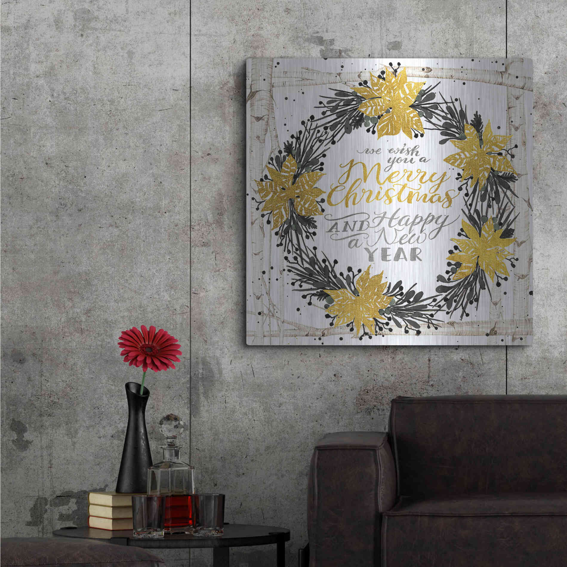 Luxe Metal Art 'We Wish You a Merry Christmas Birch Wreath' by Cindy Jacobs, Metal Wall Art,36x36