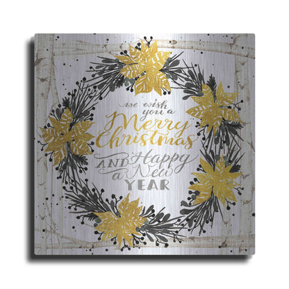 Luxe Metal Art 'We Wish You a Merry Christmas Birch Wreath' by Cindy Jacobs, Metal Wall Art