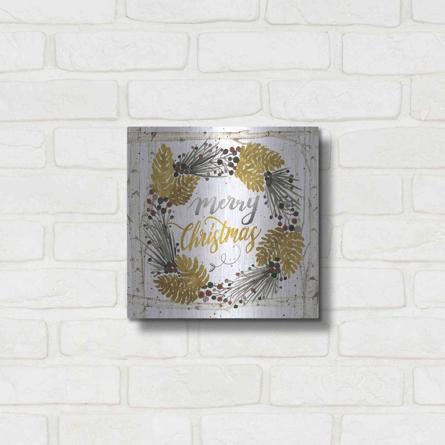 Luxe Metal Art 'Merry Christmas Birch Wreath with Berries' by Cindy Jacobs, Metal Wall Art,12x12