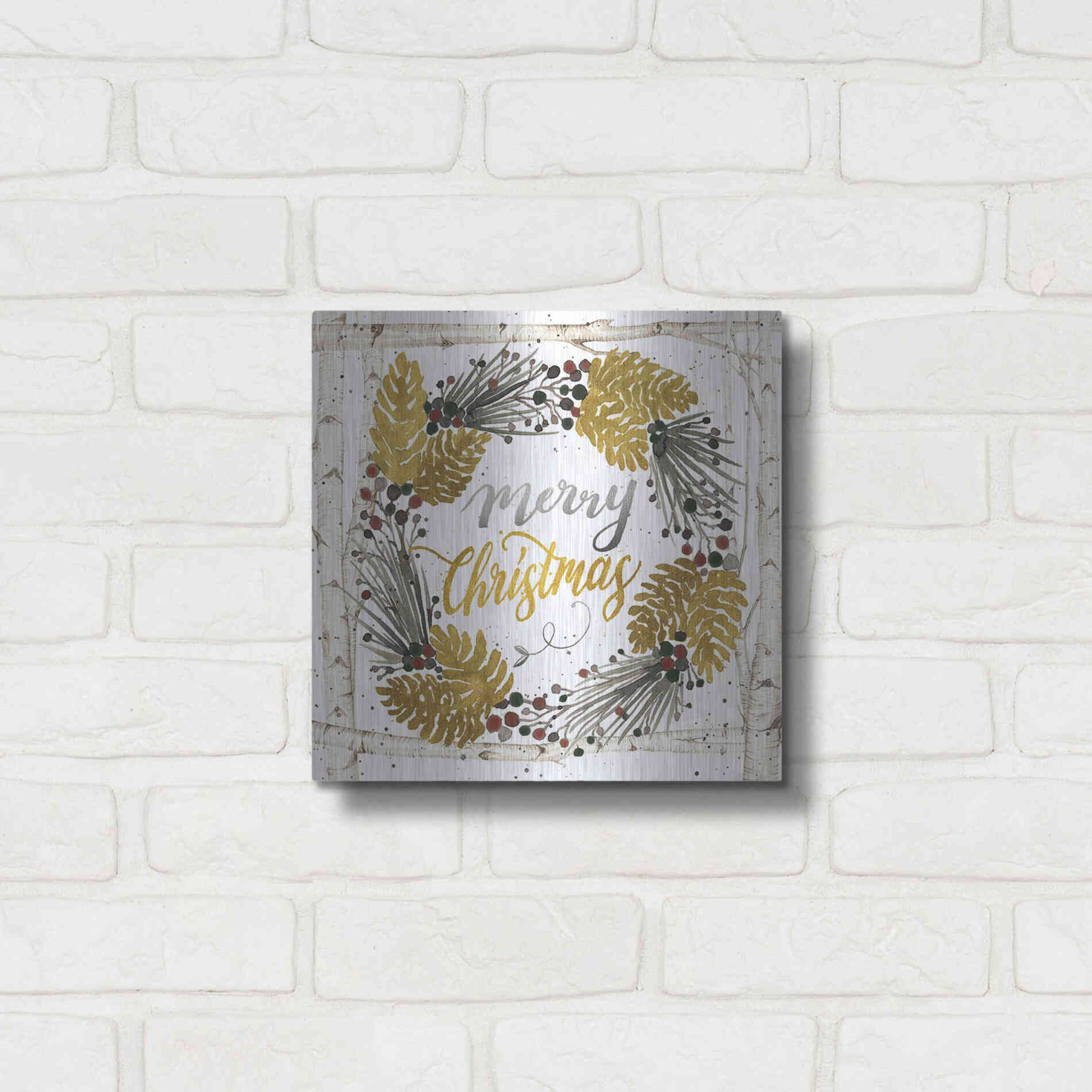 Luxe Metal Art 'Merry Christmas Birch Wreath with Berries' by Cindy Jacobs, Metal Wall Art,12x12