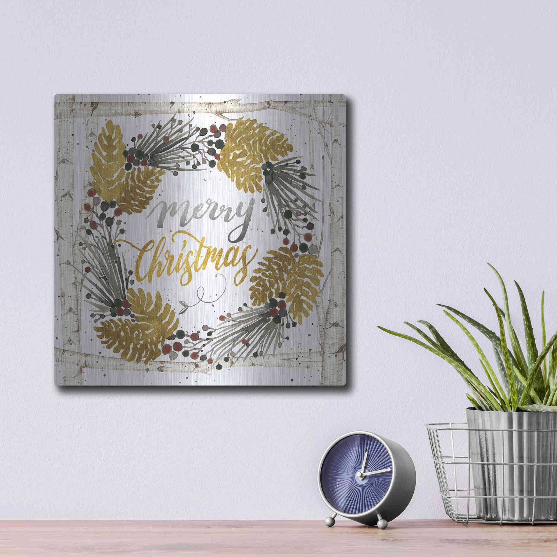 Luxe Metal Art 'Merry Christmas Birch Wreath with Berries' by Cindy Jacobs, Metal Wall Art,12x12