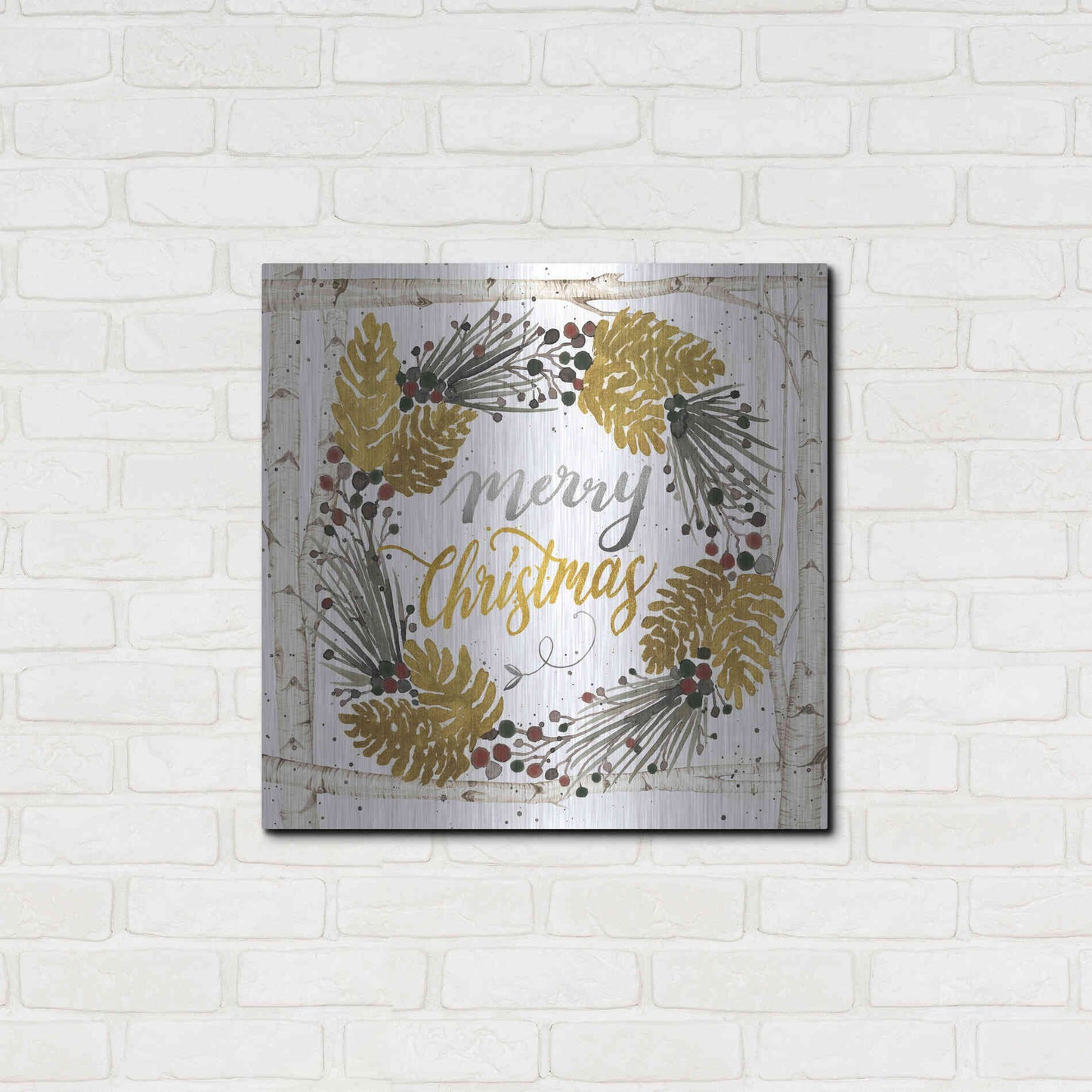 Luxe Metal Art 'Merry Christmas Birch Wreath with Berries' by Cindy Jacobs, Metal Wall Art,24x24