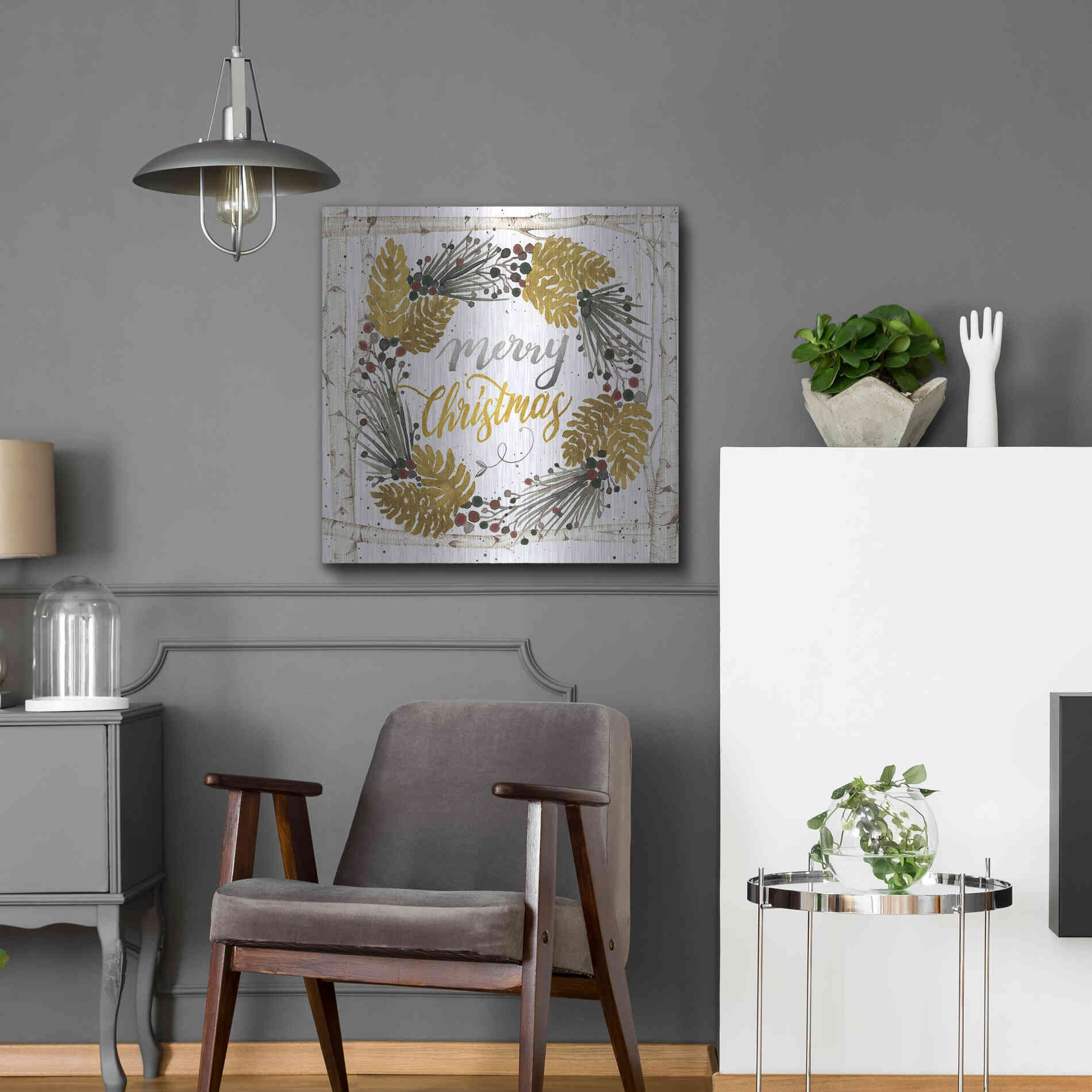 Luxe Metal Art 'Merry Christmas Birch Wreath with Berries' by Cindy Jacobs, Metal Wall Art,24x24