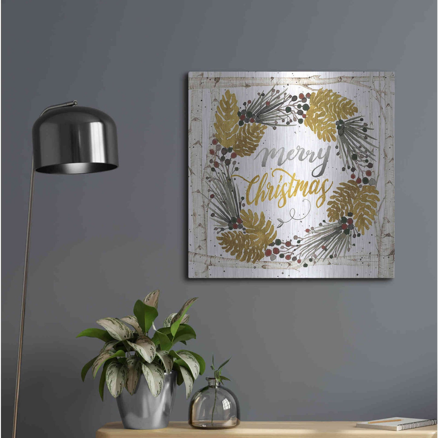 Luxe Metal Art 'Merry Christmas Birch Wreath with Berries' by Cindy Jacobs, Metal Wall Art,24x24