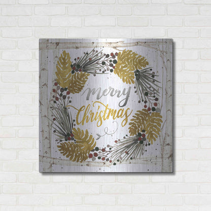 Luxe Metal Art 'Merry Christmas Birch Wreath with Berries' by Cindy Jacobs, Metal Wall Art,36x36