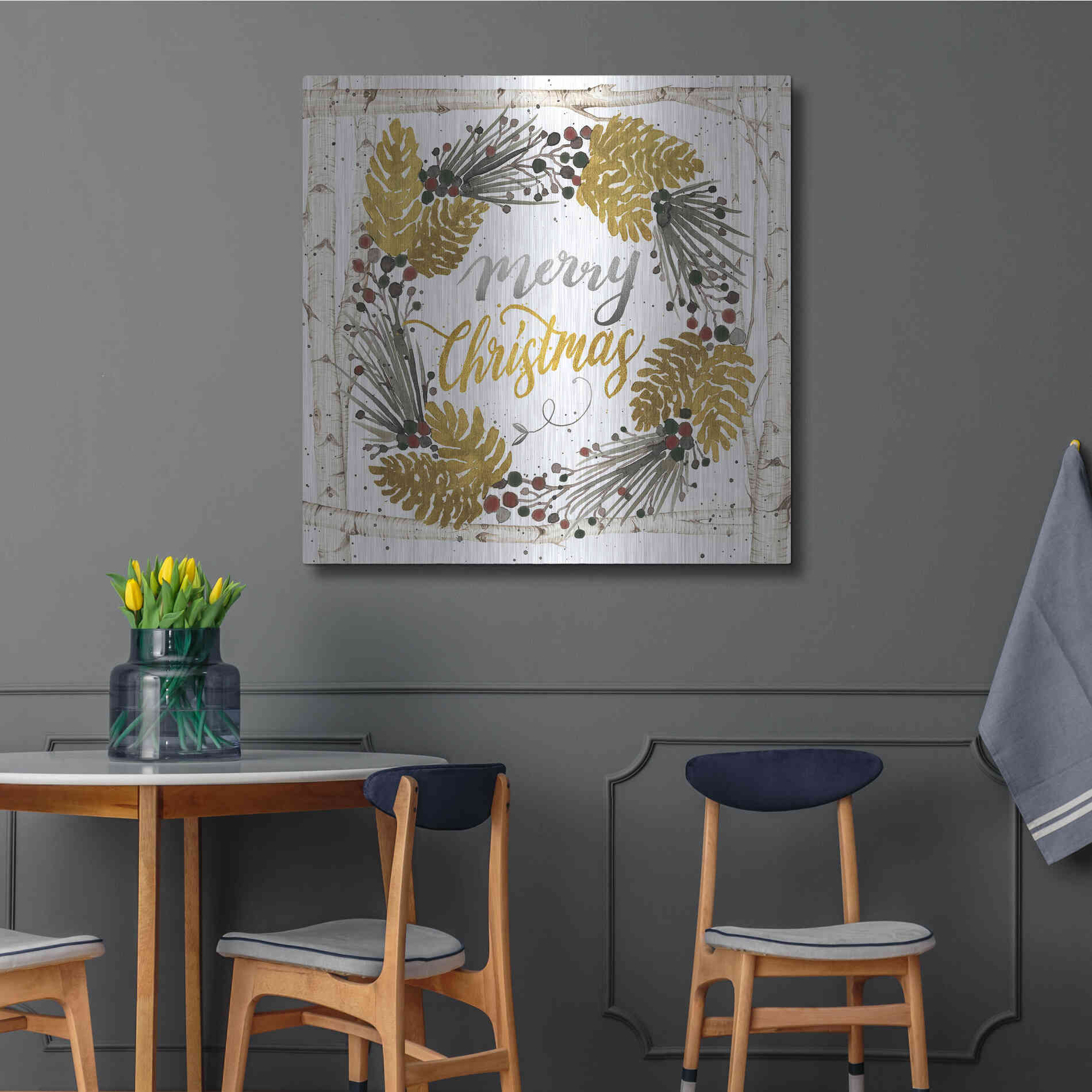 Luxe Metal Art 'Merry Christmas Birch Wreath with Berries' by Cindy Jacobs, Metal Wall Art,36x36