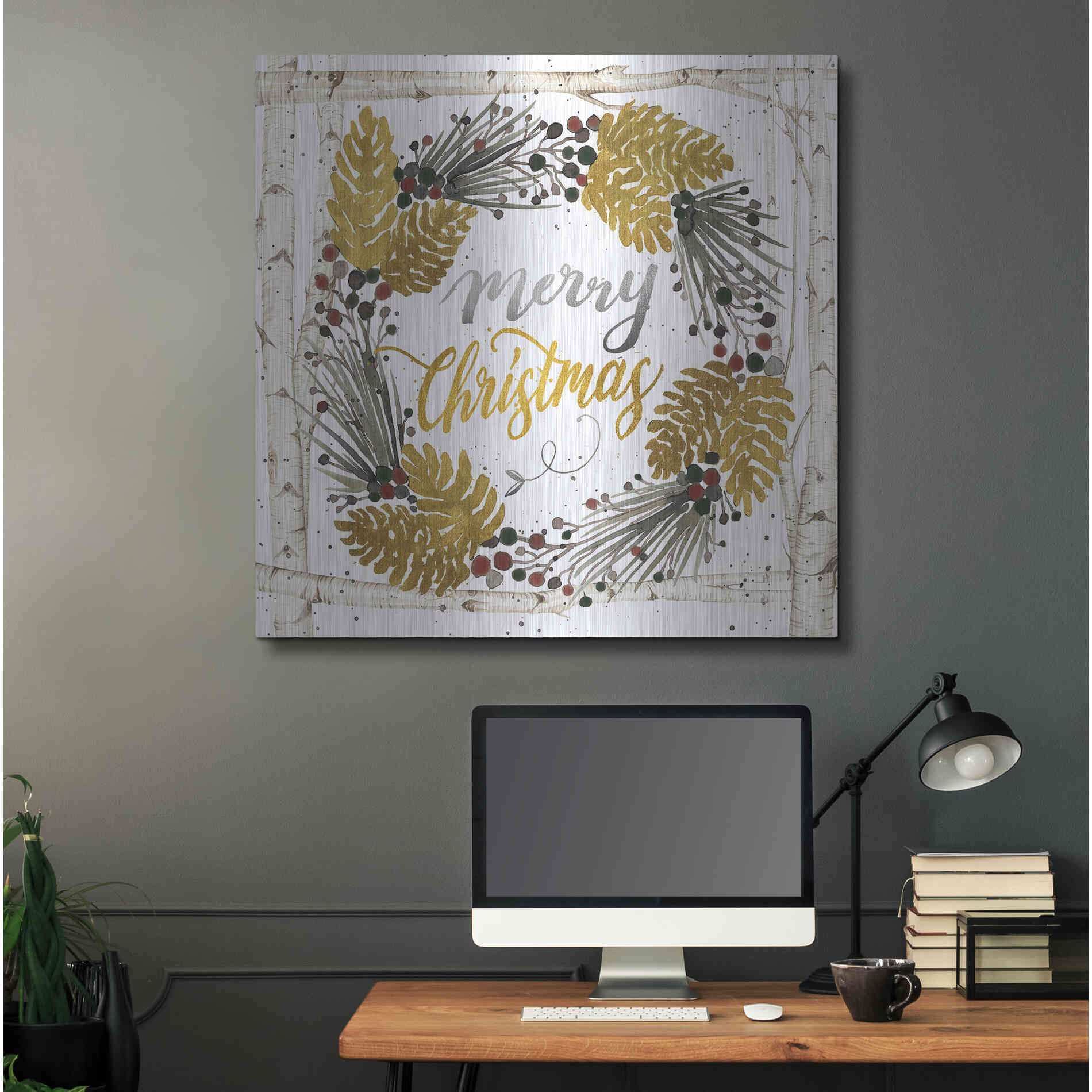 Luxe Metal Art 'Merry Christmas Birch Wreath with Berries' by Cindy Jacobs, Metal Wall Art,36x36