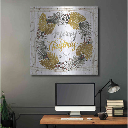 Luxe Metal Art 'Merry Christmas Birch Wreath with Berries' by Cindy Jacobs, Metal Wall Art,36x36